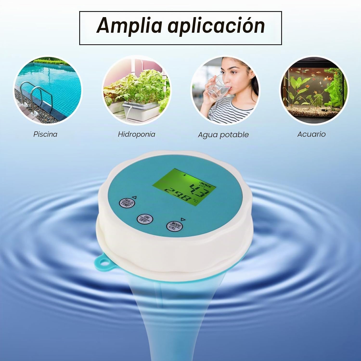 Probador inteligente de agua: Monitor flotante Bluetooth 6 en 1 para piscinas, spas y cultivos hidropónicos - medición de pH, EC, ORP, cloro, salinidad y temperatura