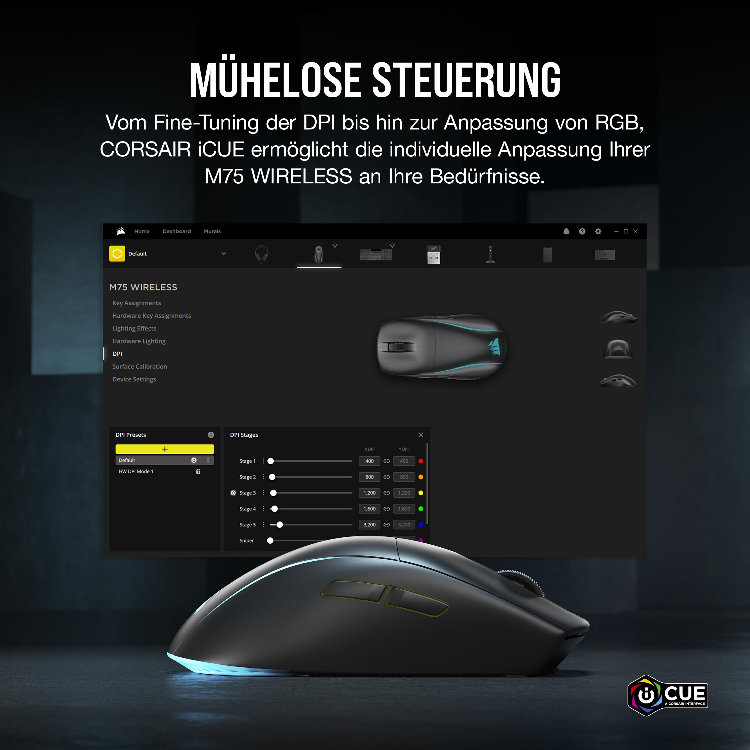 Corsair M75 Wireless RGB Leichte FPS Gaming-Maus – 26.000 DPI – Austauschbare Seitentasten – iCUE-Kompatibel – PC – Schwarz