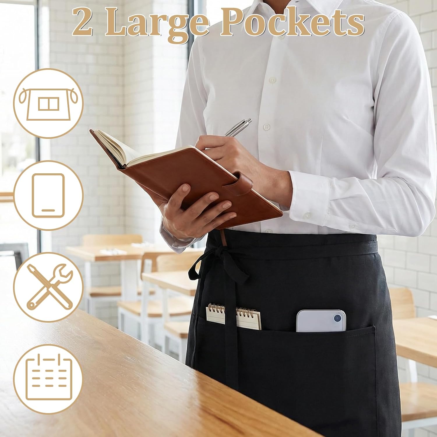 5 Pack Server Apron Black with 2 Pockets, 19 Inch Long Half Bistro Waterproof Waiter Waitress Aprons with Extra Long Front Waist Ties for Women Men