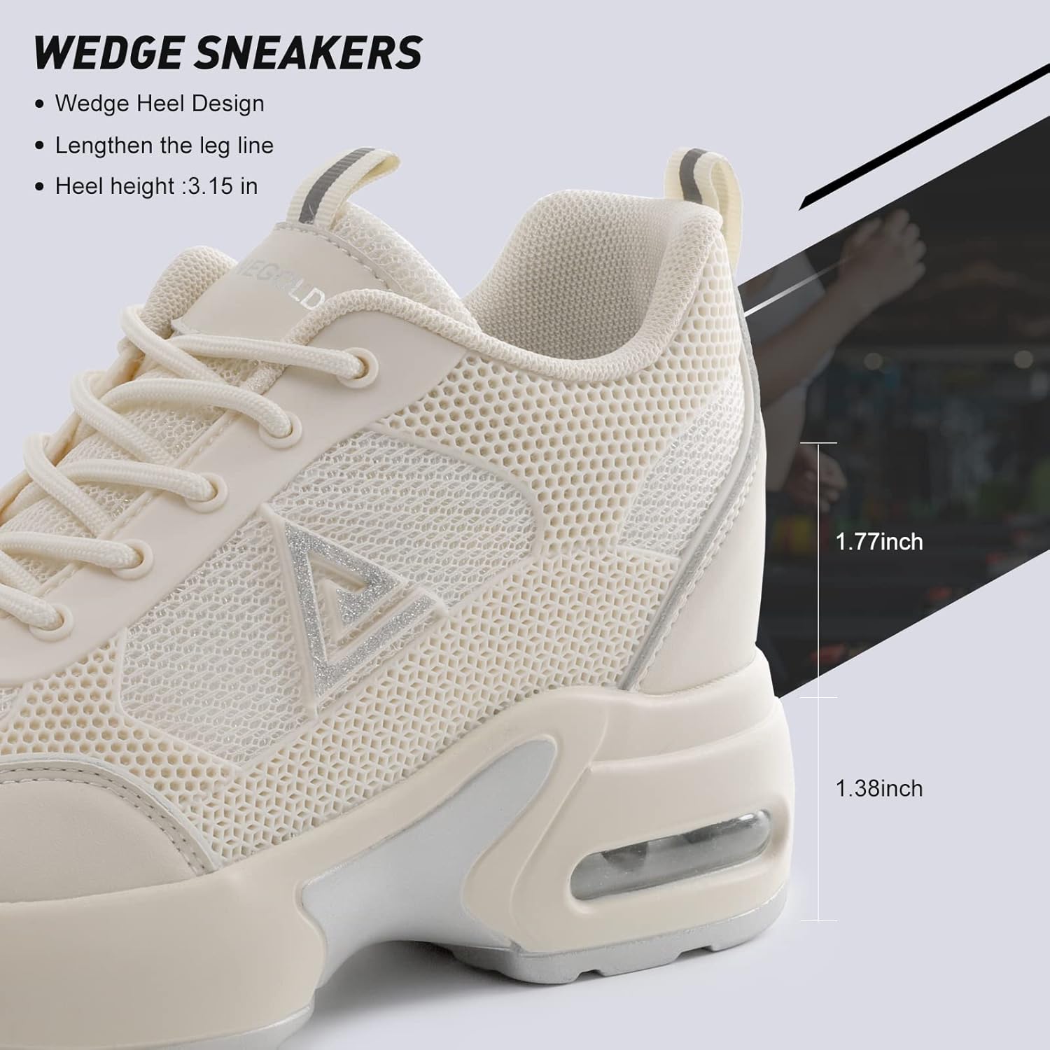 AONEGOLD Women's Wedge Sneakers Inner Heightening Walking Shoes Fashion Breathable Lightweight Air Cushion Casual Sneakers(Beige Silver,Size 10)