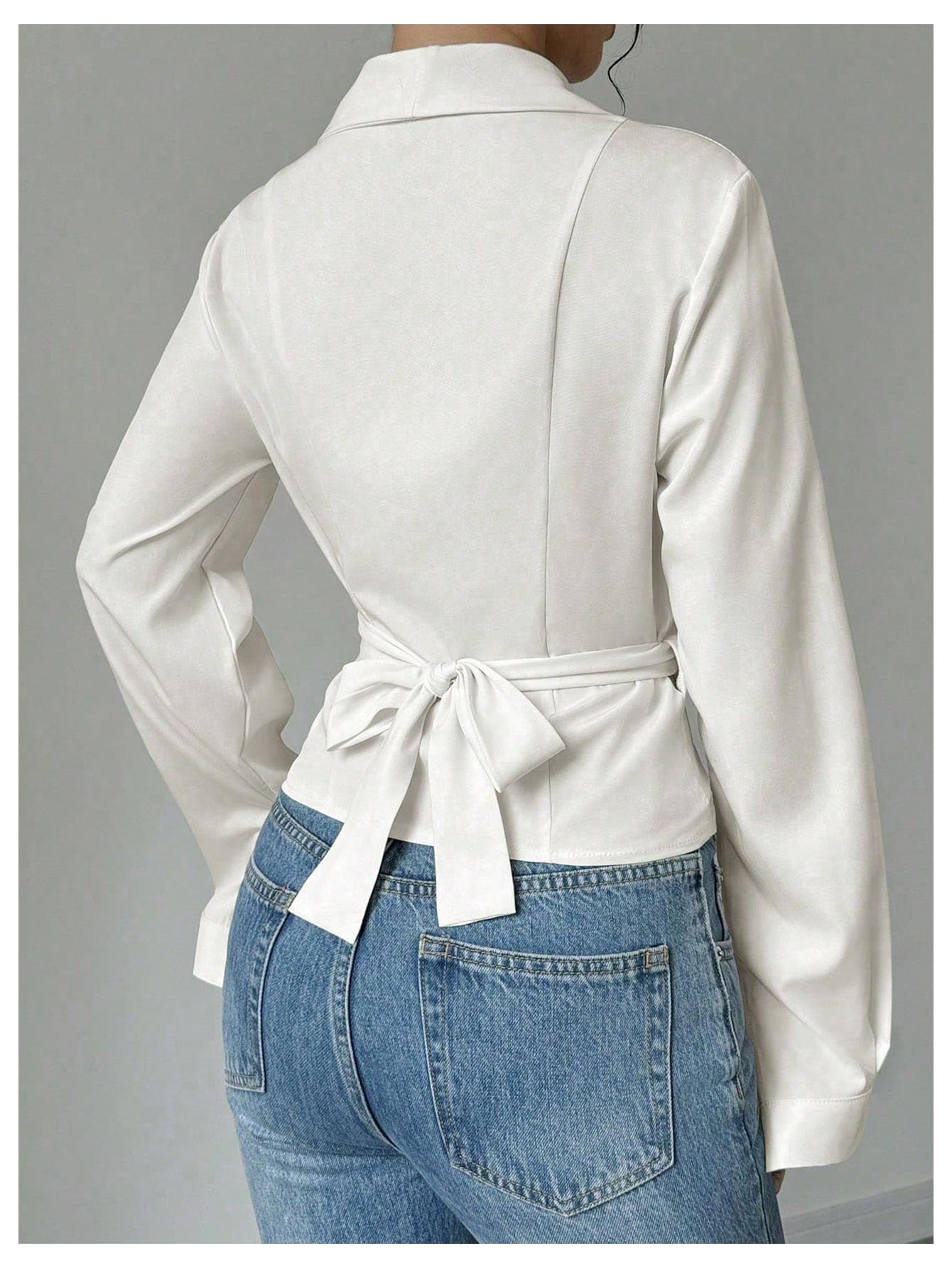 Floerns Women's Elegant Shawl Collar Shirts Long Sleeve Wrap Tie Back Work Blouse Tops