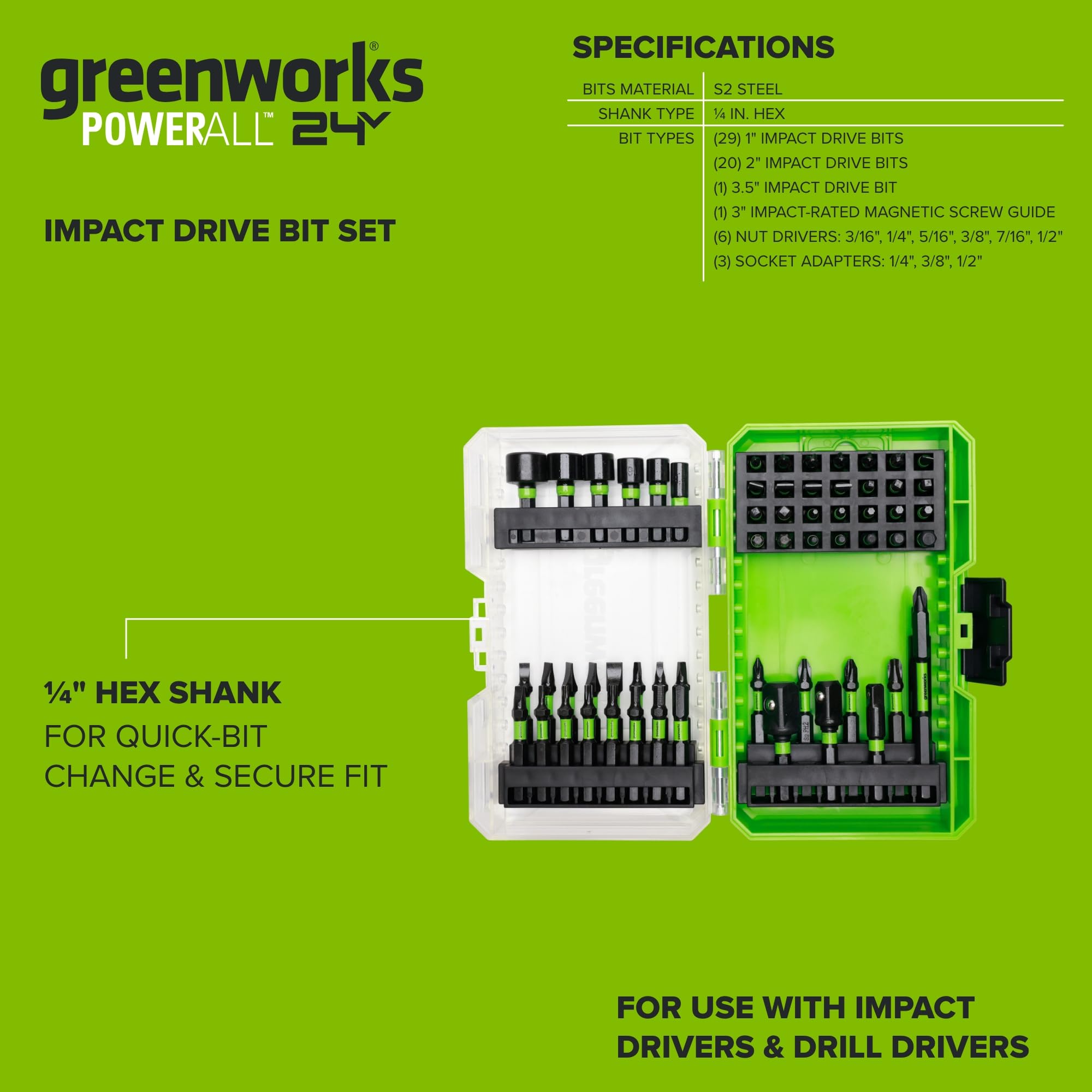 Greenworks PA51218A1 - Set di punte per avvitatore a percussione, 60 pezzi