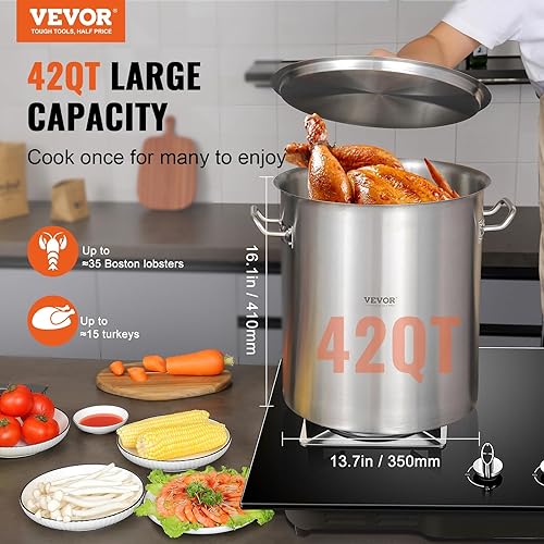 Miniatura 2 de VEVOR Olla de acero inoxidable, ollas grandes de 42 cuartos de galón, olla de cocina con colador, tapa y asa, olla de grado comercial resistente,