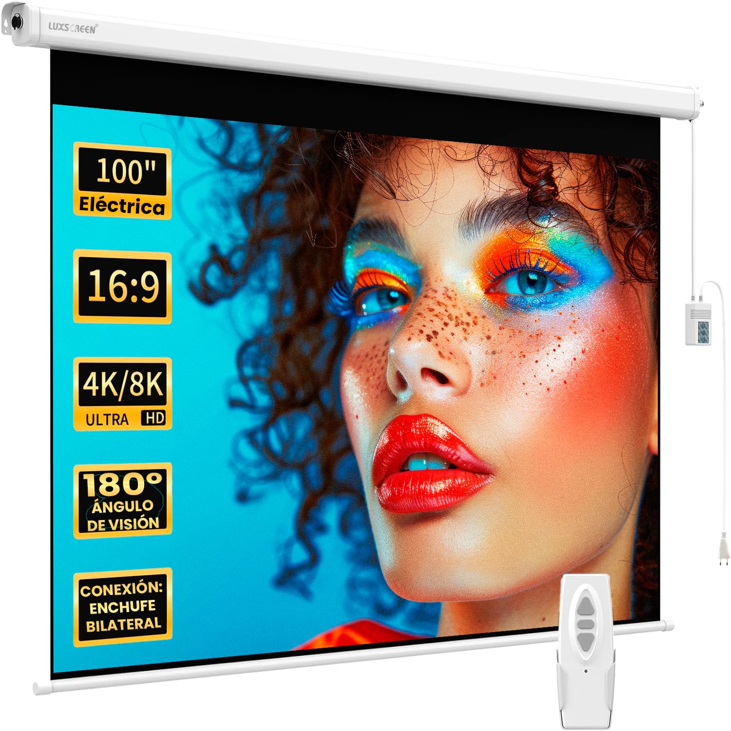 Pantalla de Proyector Eléctrica 100 Pulgadas 16:9 Luxscreen, Área Visible Blanca 221 x 124cm, Requiere un Espacio de instalación de 250cm, Instalación a Pared ó Techo, con Mando
