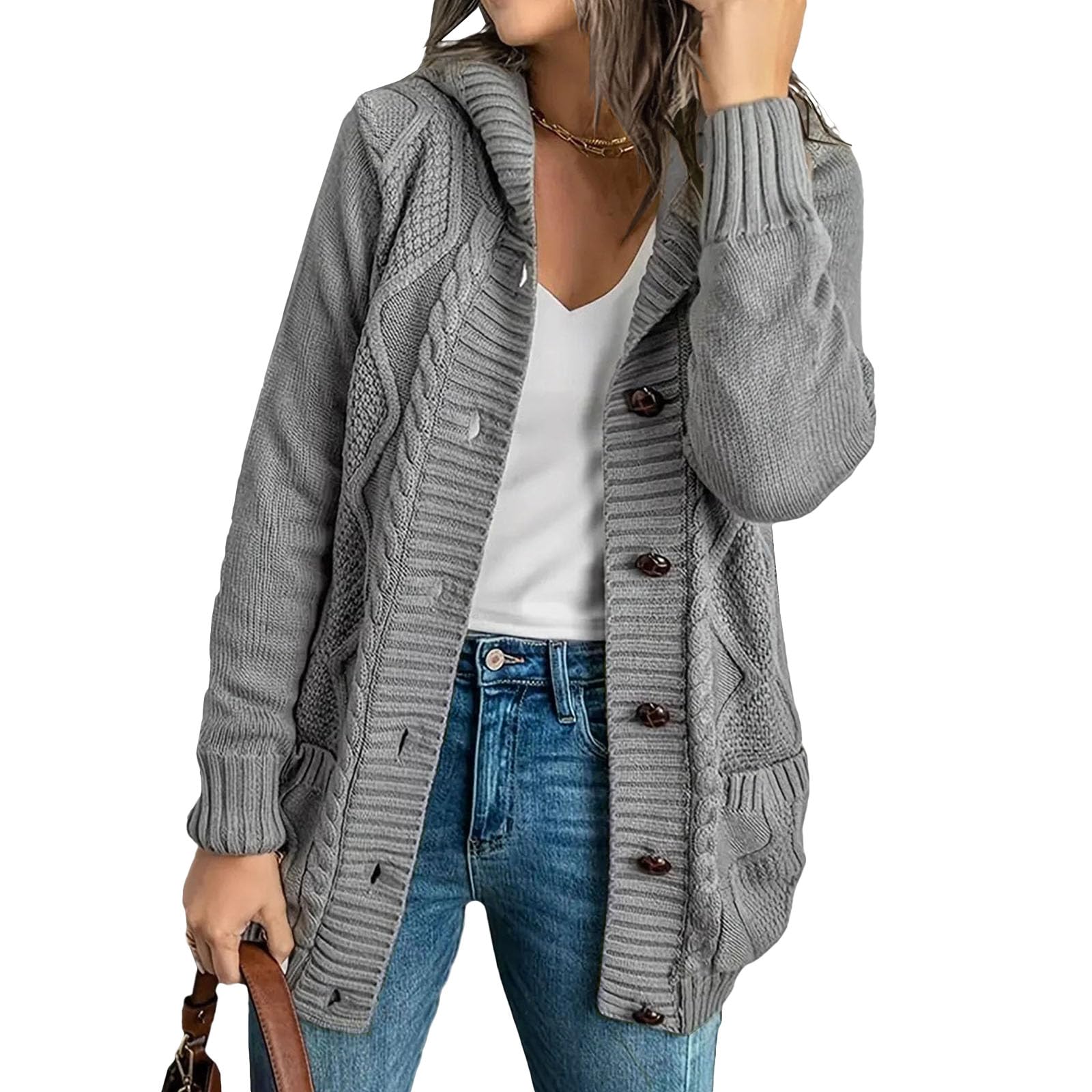 Hooded Cardigan for Women Cable Knit Button Up Front Sweater Casual Plus Size Fall Outfits Winter Coat with