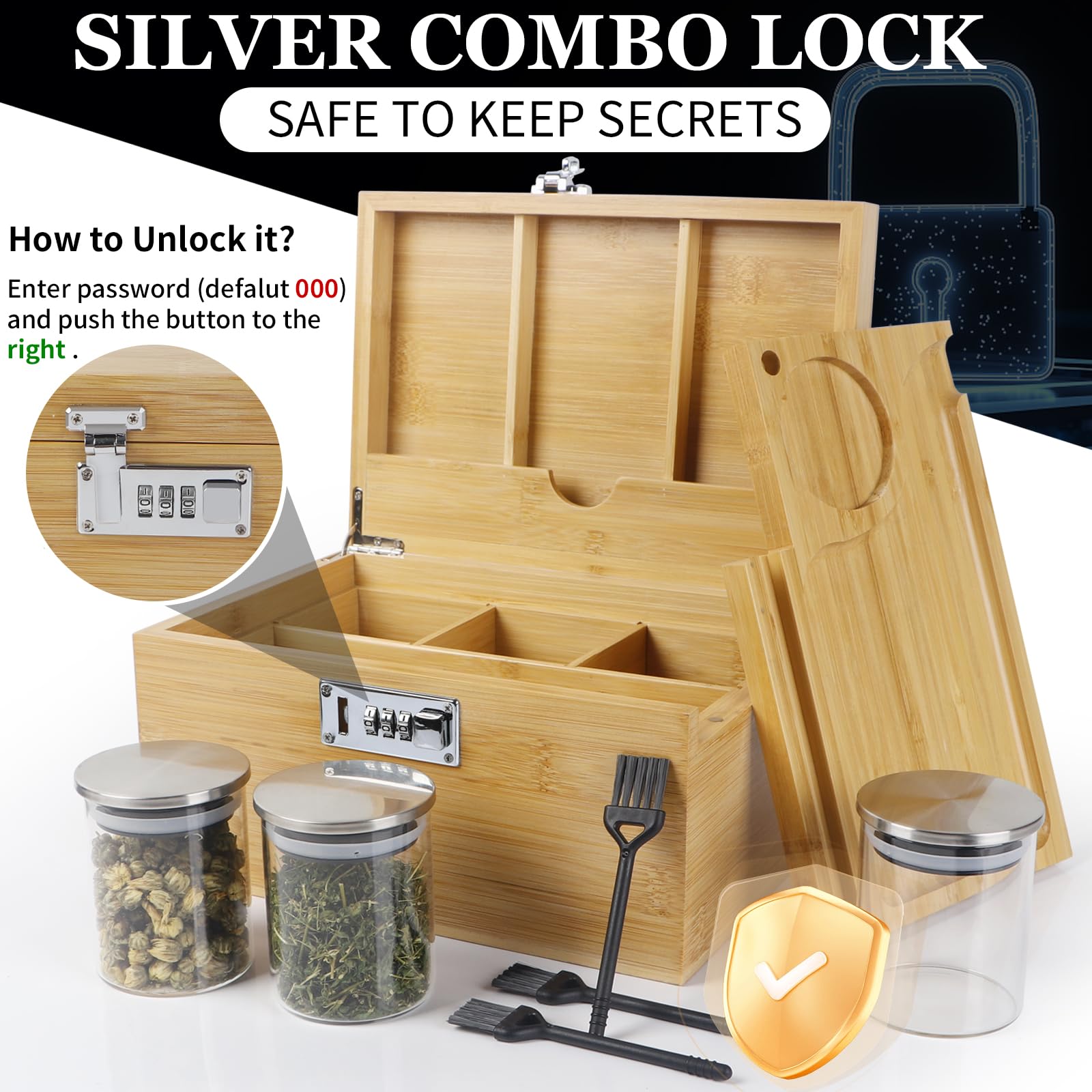 Caja grande de bambú con cerradura de combinación, caja de almacenamiento decorativa con compartimento desmontable, caja de madera con tarros y cepillos Alright como gran opción de regalo.