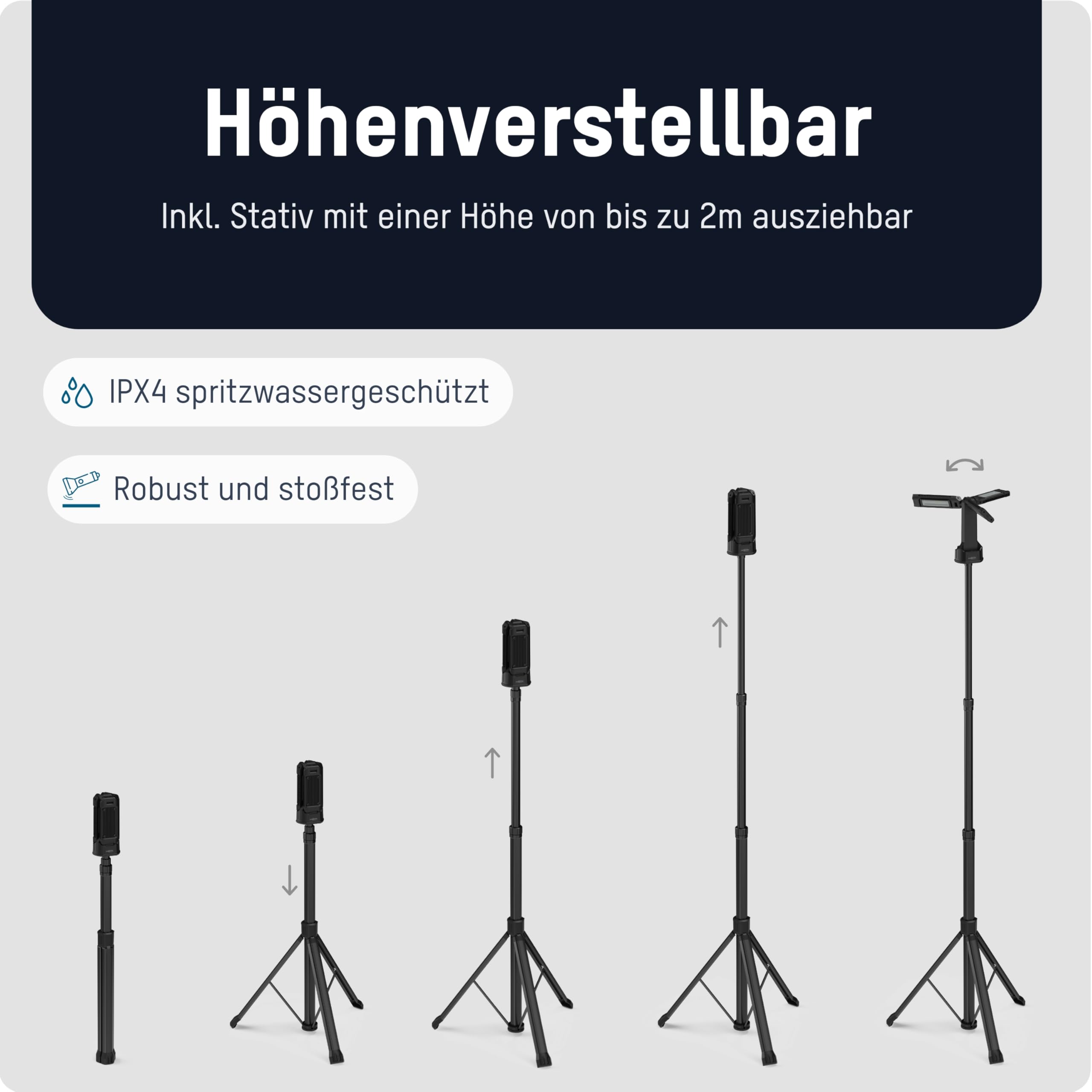 ANSMANN LED Arbeitsleuchte mit Stativ 2m, robust & sehr hell bis zu 7000 Lumen, 3x 22 Watt Strahler, Akkubetrieben, Höhenverstellbar, mit Haken & Magnete