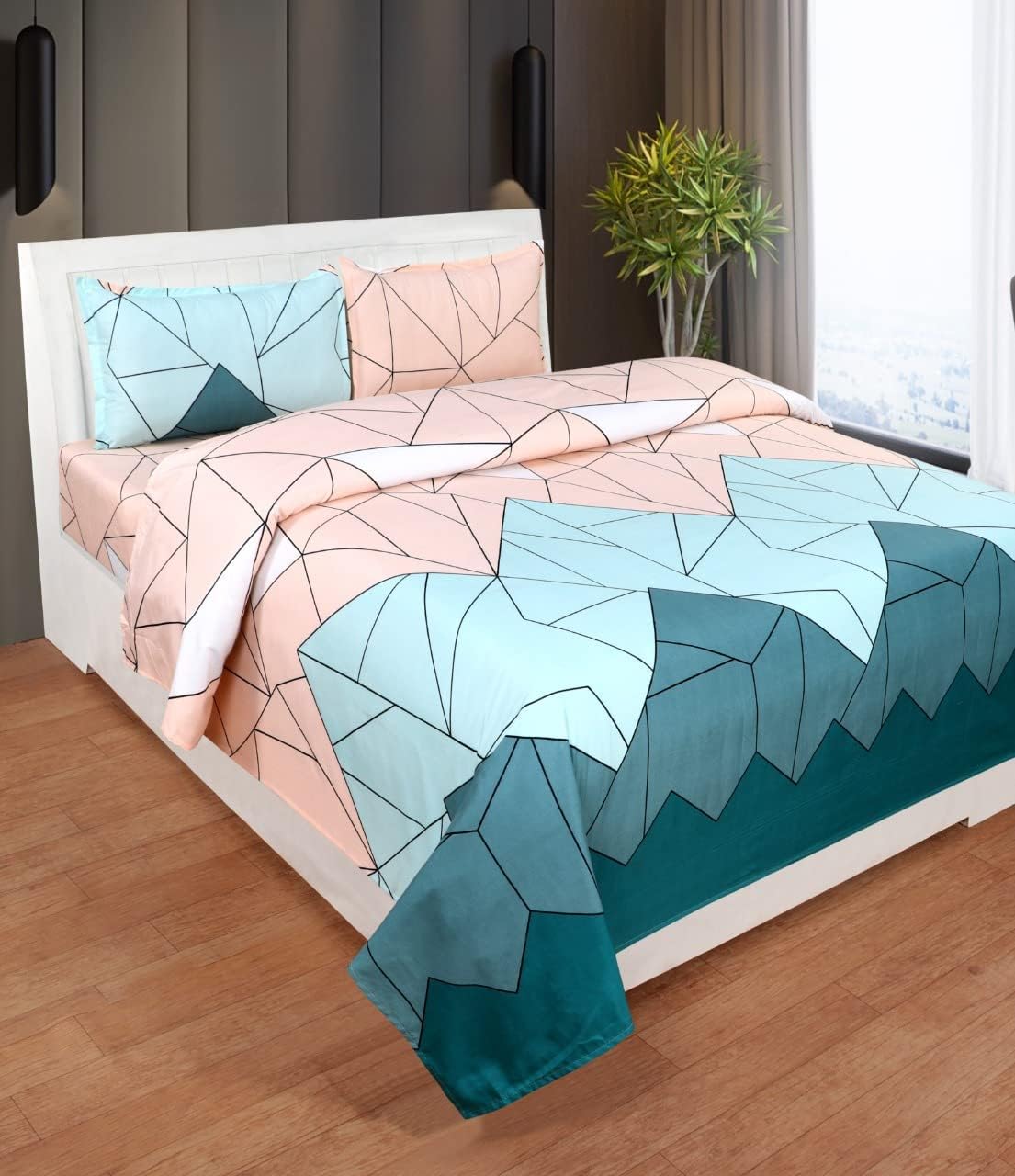 DECOMIZER Xl Microfiber Soft Cotton Queen Geometric Bedsheet For Double Bed,Queen Size 90 Inches X 100 Inches,230 X 250 Cm With 2 Large Size Pillow Covers Without Joint-Beige Green | 144 Tc