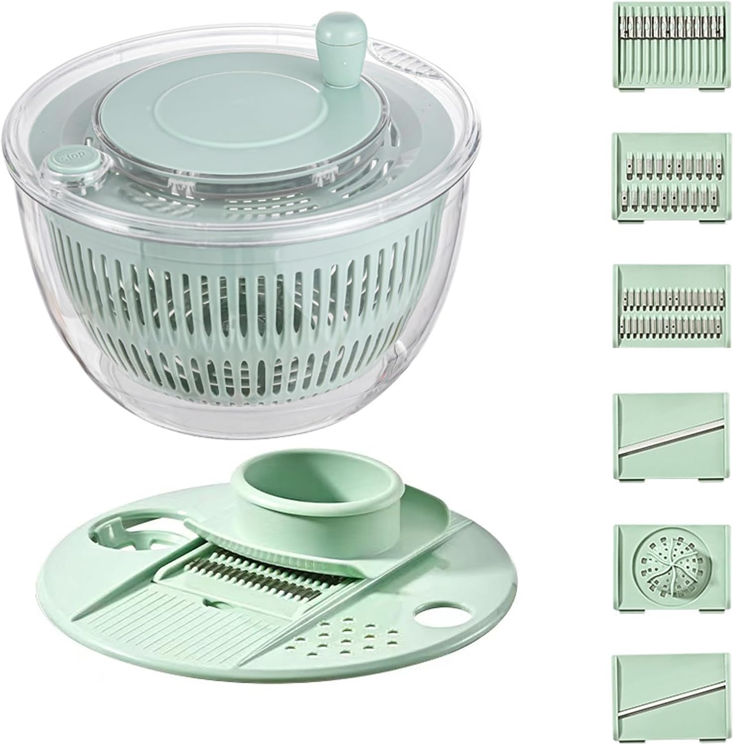 Large Capacity Multi-function Salad Spinner, 6-in-1 Salad Spinner & Vegetable Chopper, Clear Vegetables Fruits Washing Bowl with 5 Blades Slicer, One-Hand Pump Lettuce Spinner for Kitchen (1PC-C)