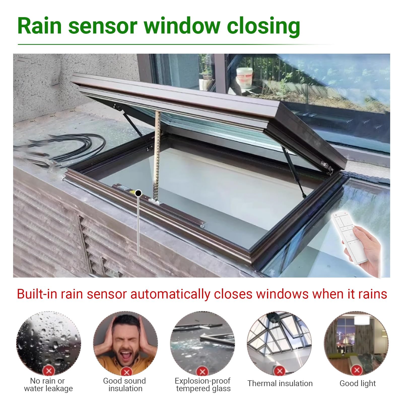 Konfigurowalny elektryczny świetlik dachowy z pilotem zdalnego sterowania czujnikiem deszczu podnośnik gazowy - stop aluminium hartowane s - idealna wentylacja na strychy i pomieszczenia słoneczne