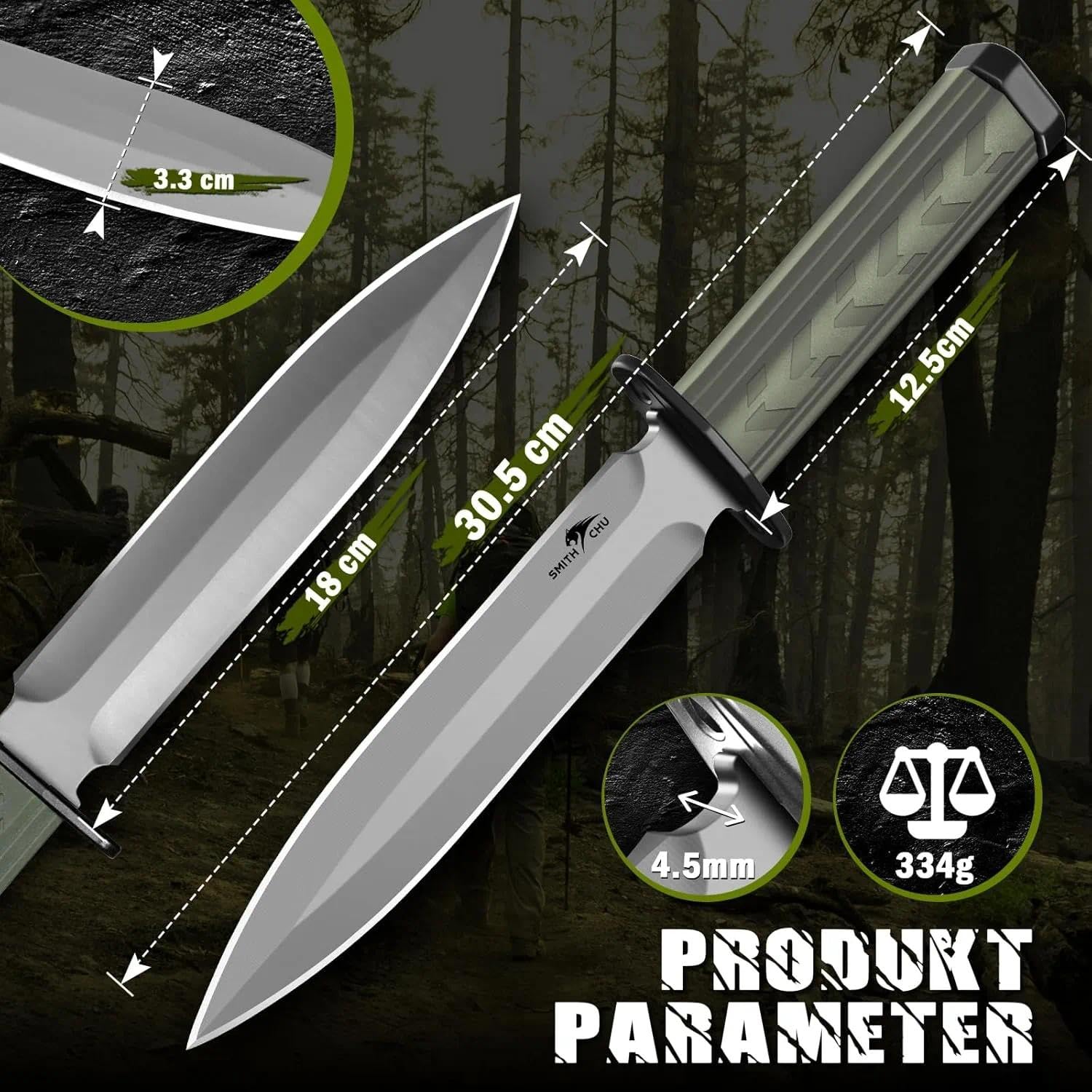 SMITH CHU Outdoor Messer Feststehend, Survival Messer für Trekking Camping, Kydex Scheide mit Schleifstein, Ergonomischer Griff, Grün Bushcraft Ausrüstung, Geschenke für Männer