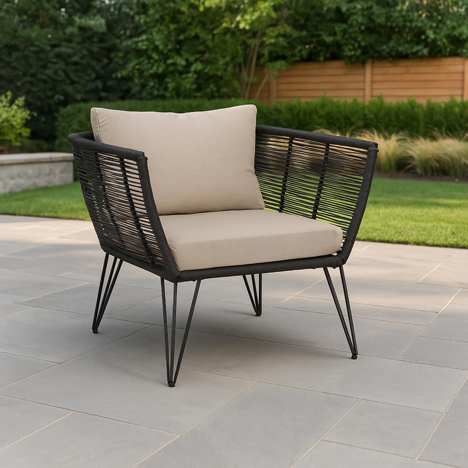 DEVOKO Outdoor 1 Piece Patio Single Seater Bistro Rope Sofa with All Weather Cushions Chair for Balcony, Terrace, Porch, Backyard, Lawn, Poolside and Garden (Black & Cream)
