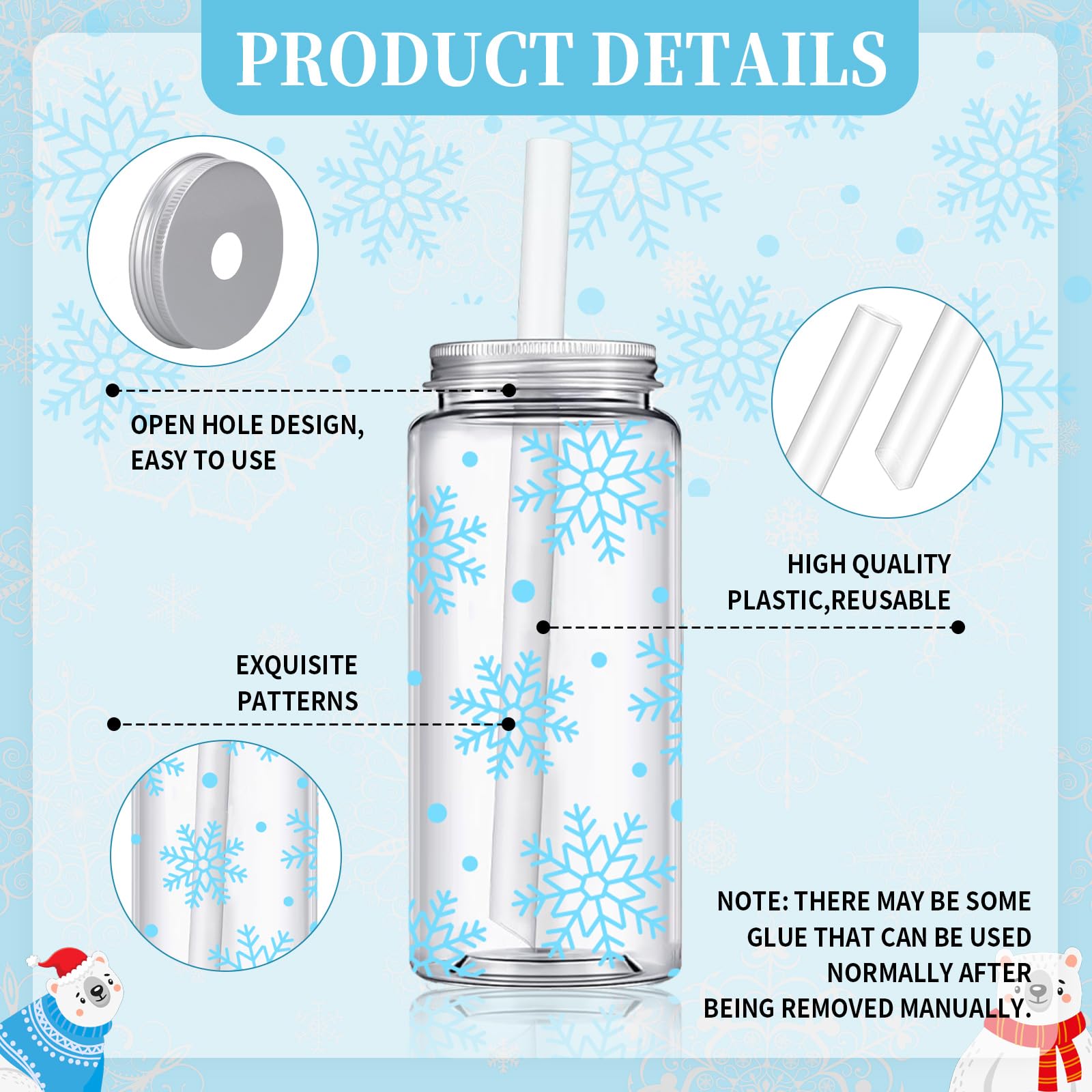 Whaline 20 bicchieri di plastica con fiocco di neve blu invernale con coperchi e cannucce, riutilizzabili, per feste di Natale, forniture per feste di Natale