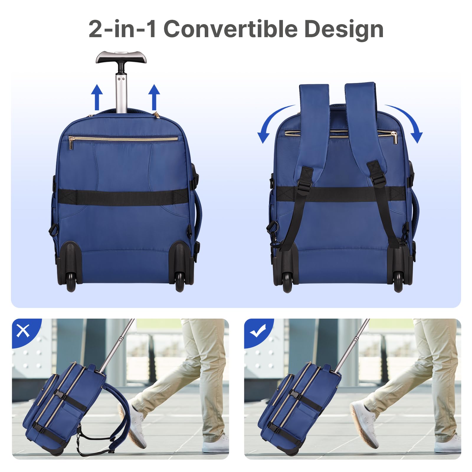 DEVPNR Mochila con ruedas para mujer, mochila de viaje para portátil de 17 pulgadas con ruedas, bajo el asiento avión, bolsa de negocios de noche, Negro oscuro, XL, Negocios, viajes, diario