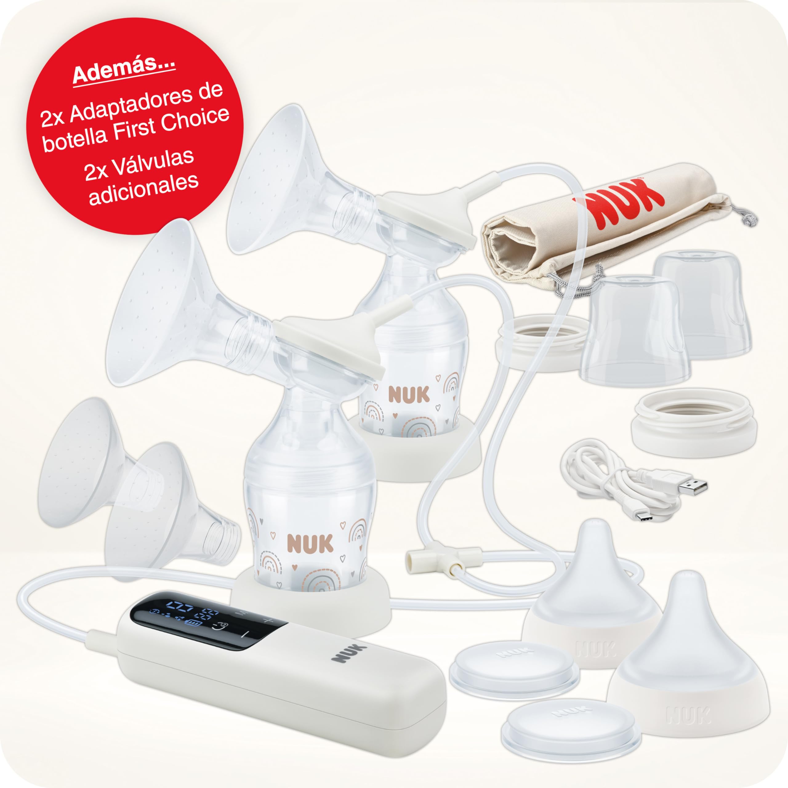 Sacaleches eléctrico doble Soft & Easy de NUK | Copas suaves 100% de silicona | Pequeño, ligero y silencioso | Batería recargable para viajar | Copas de 24 y 27 mm | 2 biberones Perfect Match mm