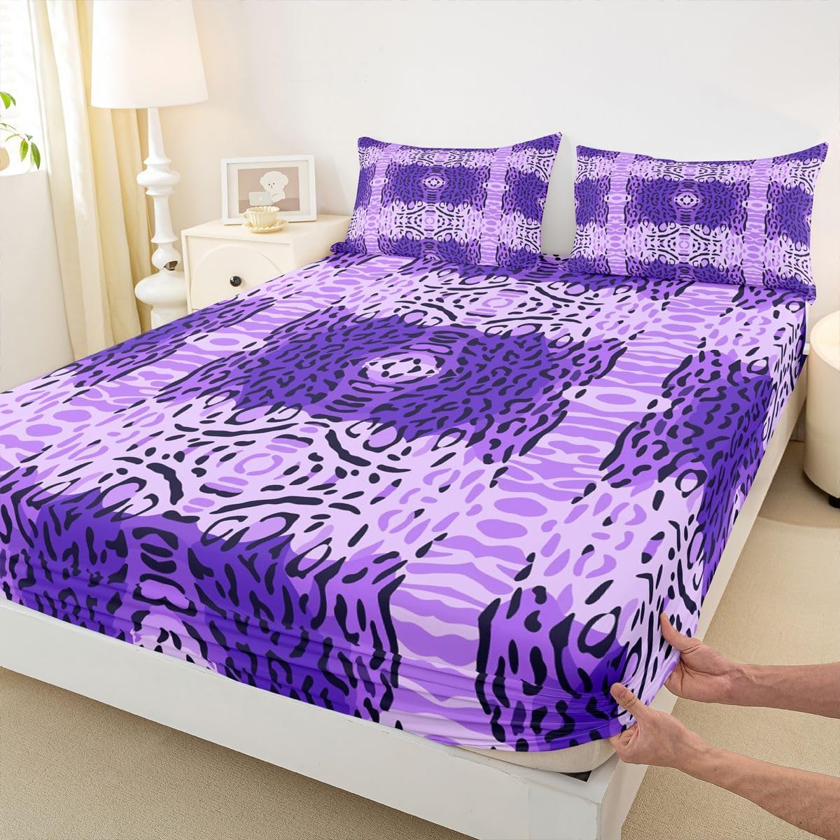 Erosebridal Cheetah Print Bed Sheets Set Purple Gradient Leopard Skin Queen Sheet Set for Toddler Boys | Contemporary Artwork Watercolor Aesthetic Art Flat Sheet