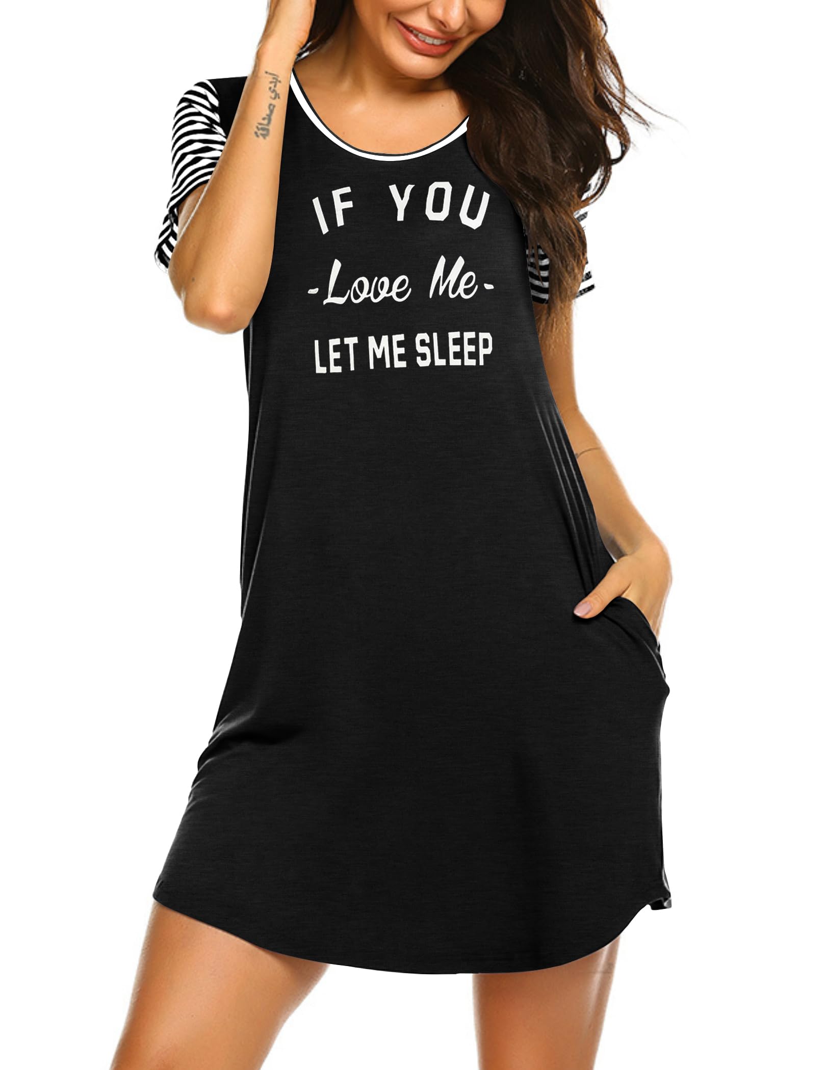 Nightgowns for Women Soft Sleep Shirts with Pockets Short Sleeves Printed Crewneck Nightshirt S-XXXL