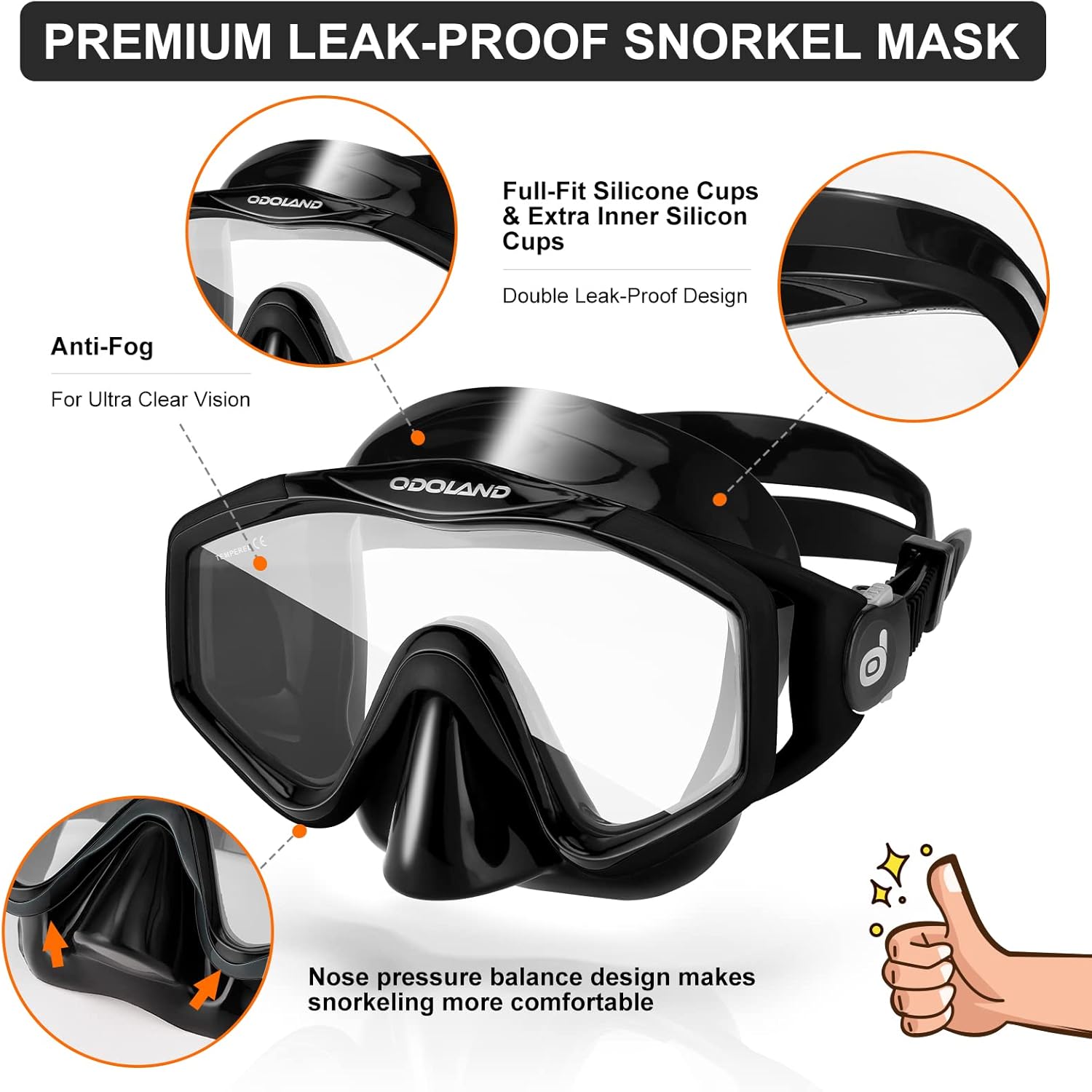 Odoland Snorkel Set, Adults Snorkeling Packages with Dry Top Diving Mask, Adjustable Swim Fins, Mesh Bag, Anti-Fog Anti-Leak Snorkeling Gear for Men Women