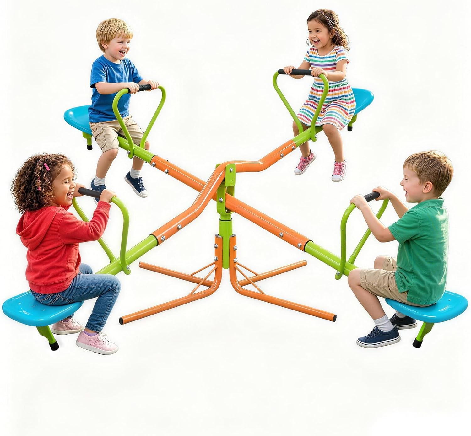 360 Degree Rotation Teeter Totter for Kids Outdoor, 4 Seat Seesaw for Kids 3+ with 4 Support Legs, Sit and Spin Merry Go Round Seesaw, Heavy Duty Playground Equipment for Backyard Boys Girls