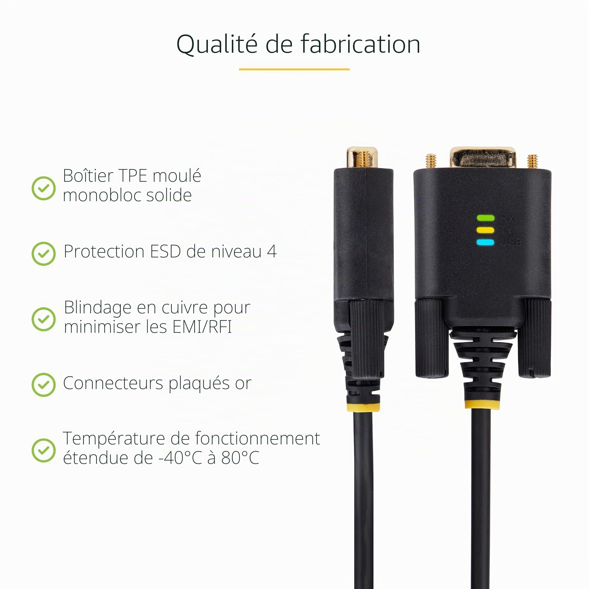 StarTech Câble USB vers Série 2m, FTDI, DB9 RS232 (1P6FFC-USB-SERIAL) | Adaptateur USB-A, Retention COM, Voyants LED, Ecrous a vis DB9 interchangeables