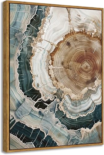 Miniatura 19 de BingruiArt Anillo de árbol enmarcado para pared, arte de pared bohemio azul y rojo, impresión de naturaleza, lienzo de madera, obra de arte rústica,