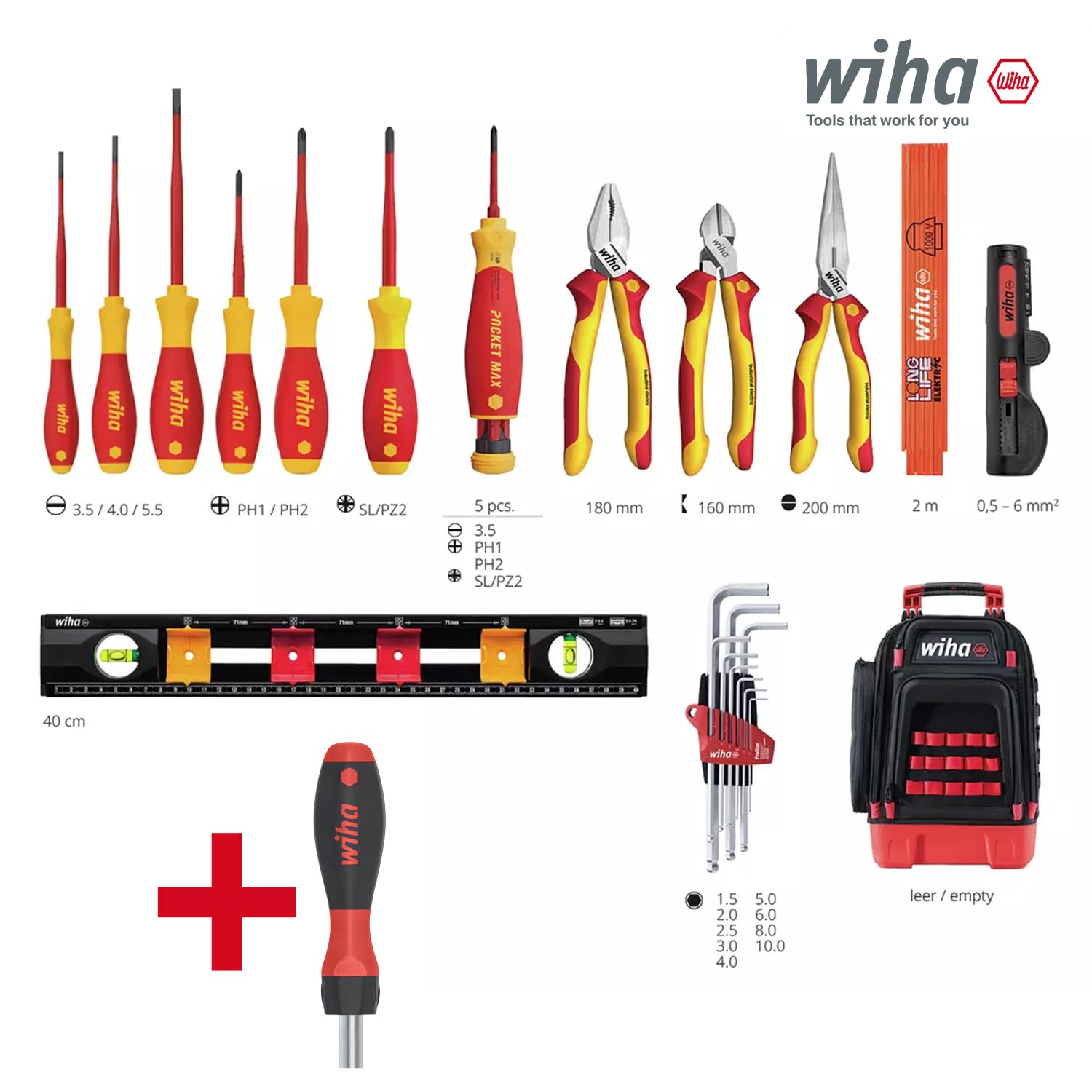 Wiha 27-tlg. - Mochila de herramientas para electricistas I con equipamiento básico para electricistas I base estable I con compartimento para portátil I bolsillos para accesorios (45528) (estándar