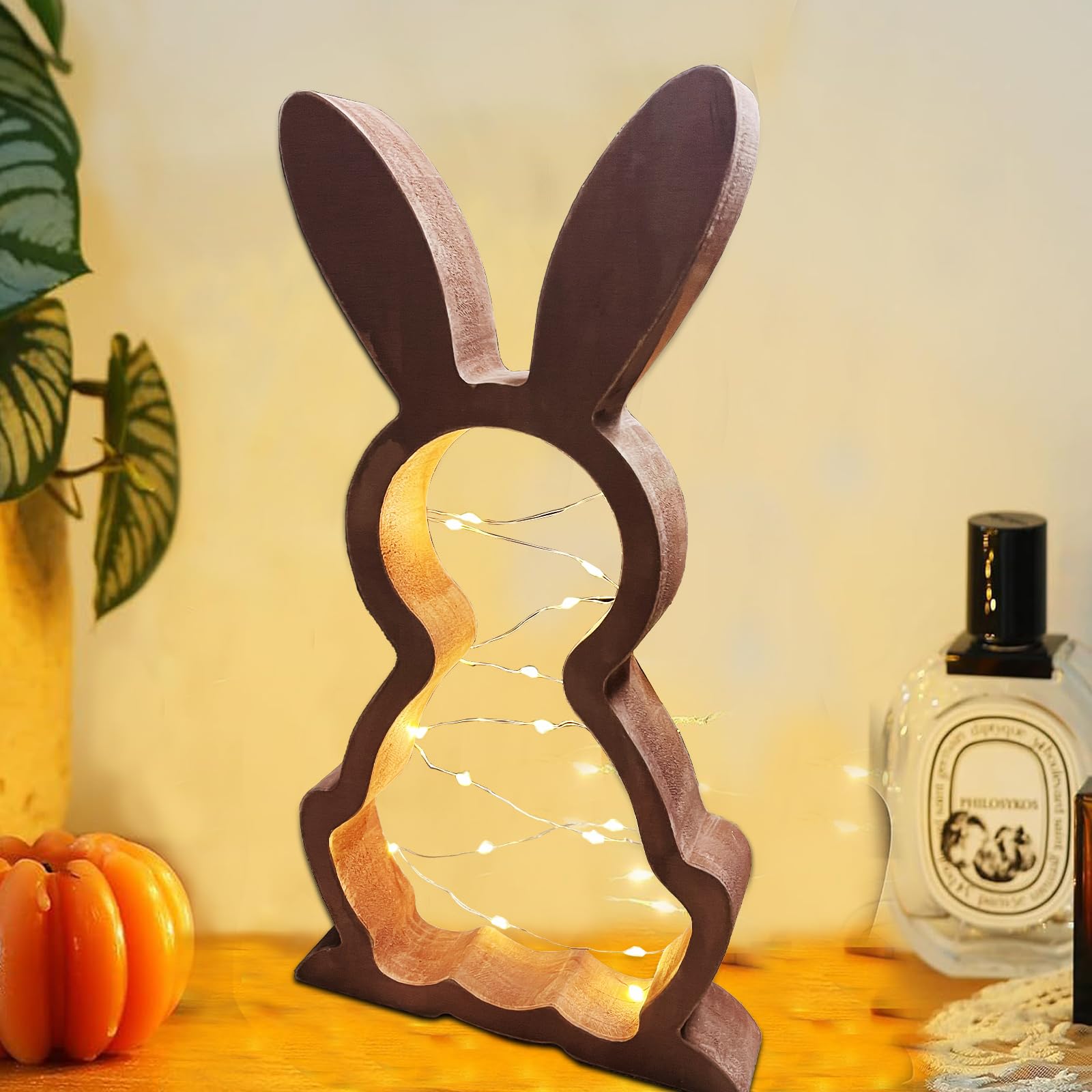LED Osterhase Holz, Modern Osterdeko aus Holz, Dekorativer Holz Osterhase zum Hinstellen mit Lichterkette Osterbeleuchtung Dekohase Lampe Oster Deko Garten Draußen Innen Osterdeko Tisch (30X16.5cm)