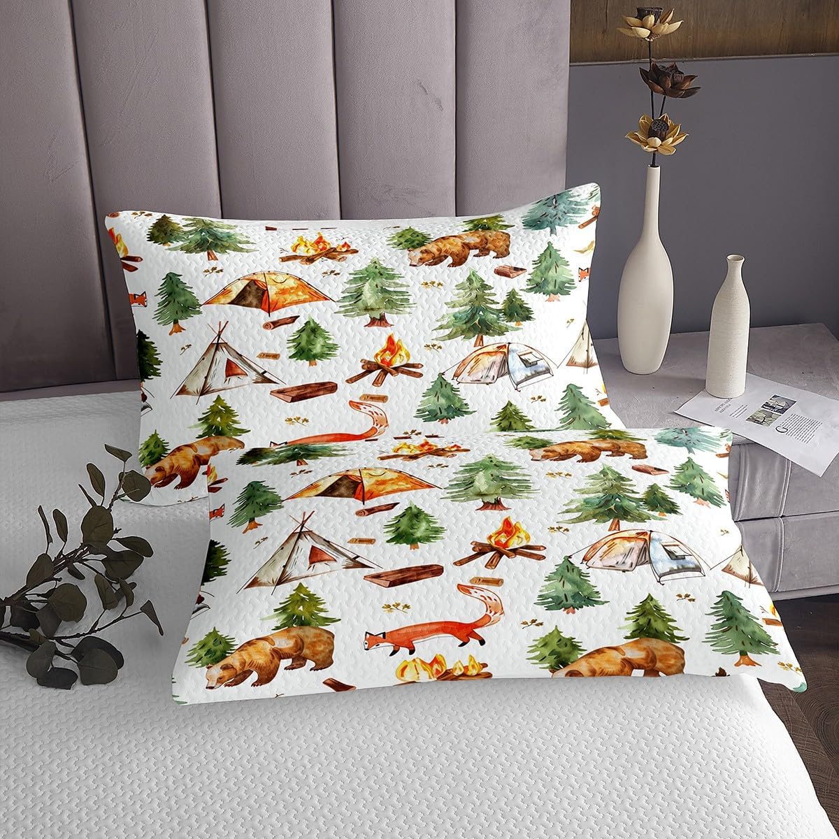 Erosebridal Camper Bedspread Set King for Travel Trailers,Tent Camping Quilt Bedding Set Vintage Adventure Home Decor,Mountain River Tree Quilts Sets Nature Landscape Coverlet Set 3Pcs