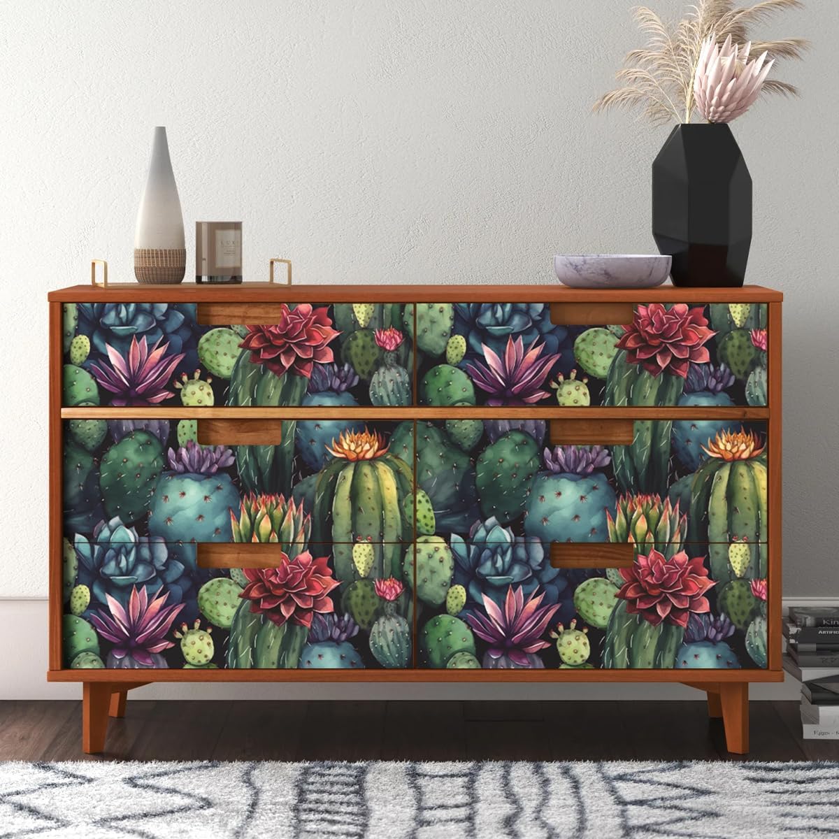 Desert Flower Wallpaper 17.71 "x 118.1" Peel and Stick Wallpaper Floral Cactus Green Plants Removable Wall Paper Modern Home Living Room Wall Decoration Kitchen Backsplash Bathroom Counter Cabinet