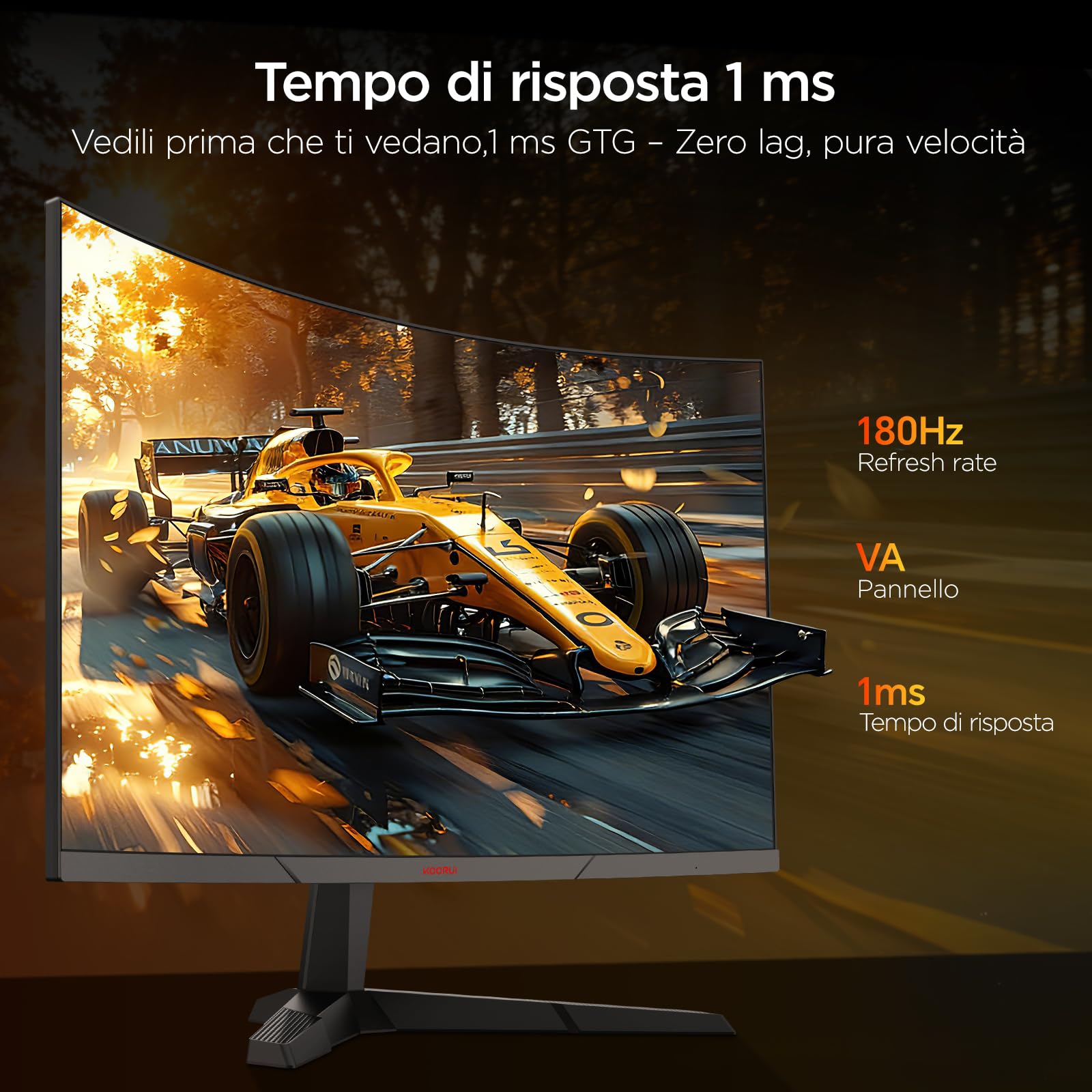 KOORUI 27 Pollici Gaming Monitor Curvo 180Hz QHD 1ms Adaptive Sync HDMI/DP | Inclinazione Regolabile, QHD 2560x1440, 1500R, DCI-P3 90%, HDR 10, VESA 100*100mm, per lavoro d'ufficio o per giocare