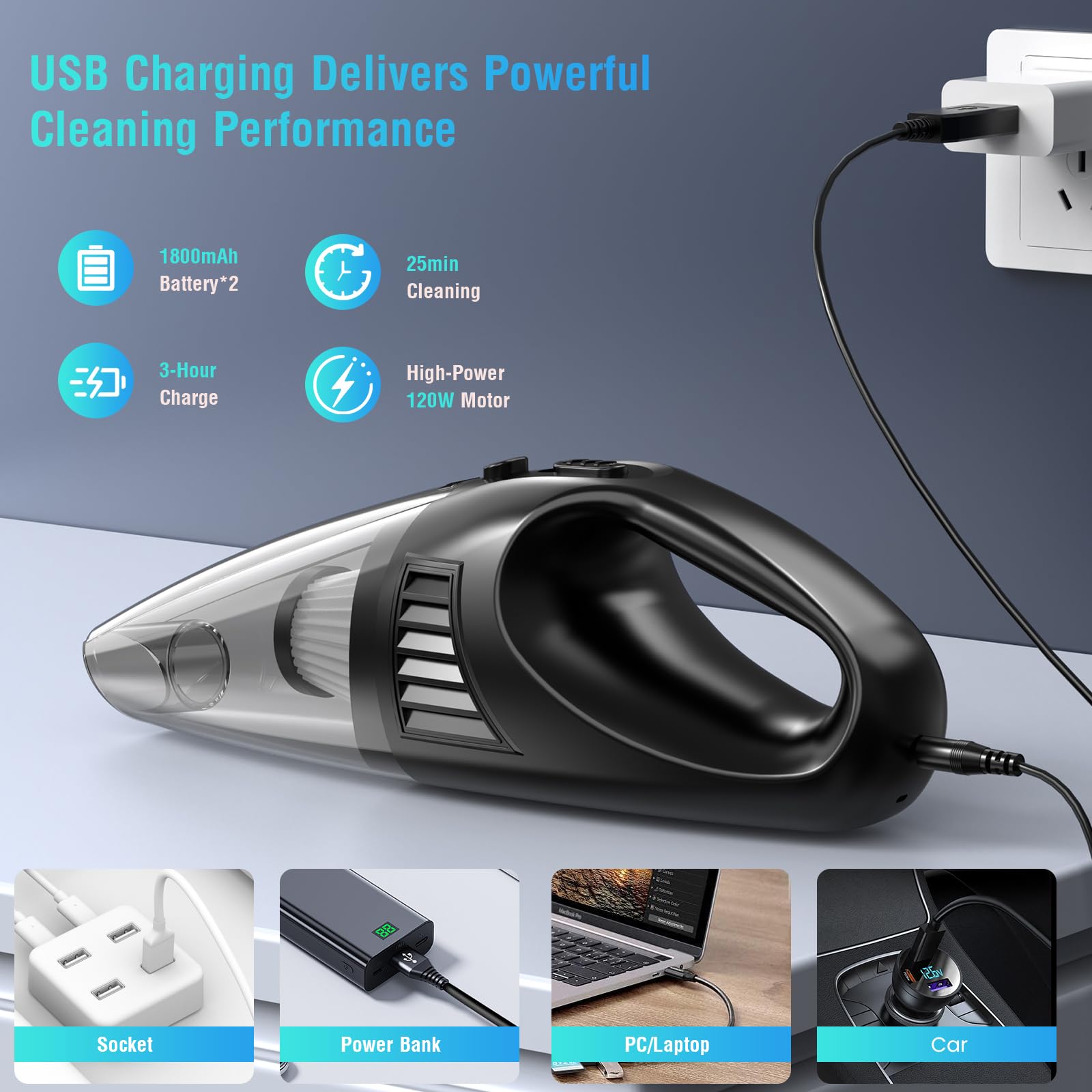 Aspirapolvere a mano senza fili per auto casa, 9000 Pa di aspirazione potente motore 120 W, batteria ricaricabile 3600 mAh, autonomia 25 min, 3 ugelli accessori per peli animali polvere briciole