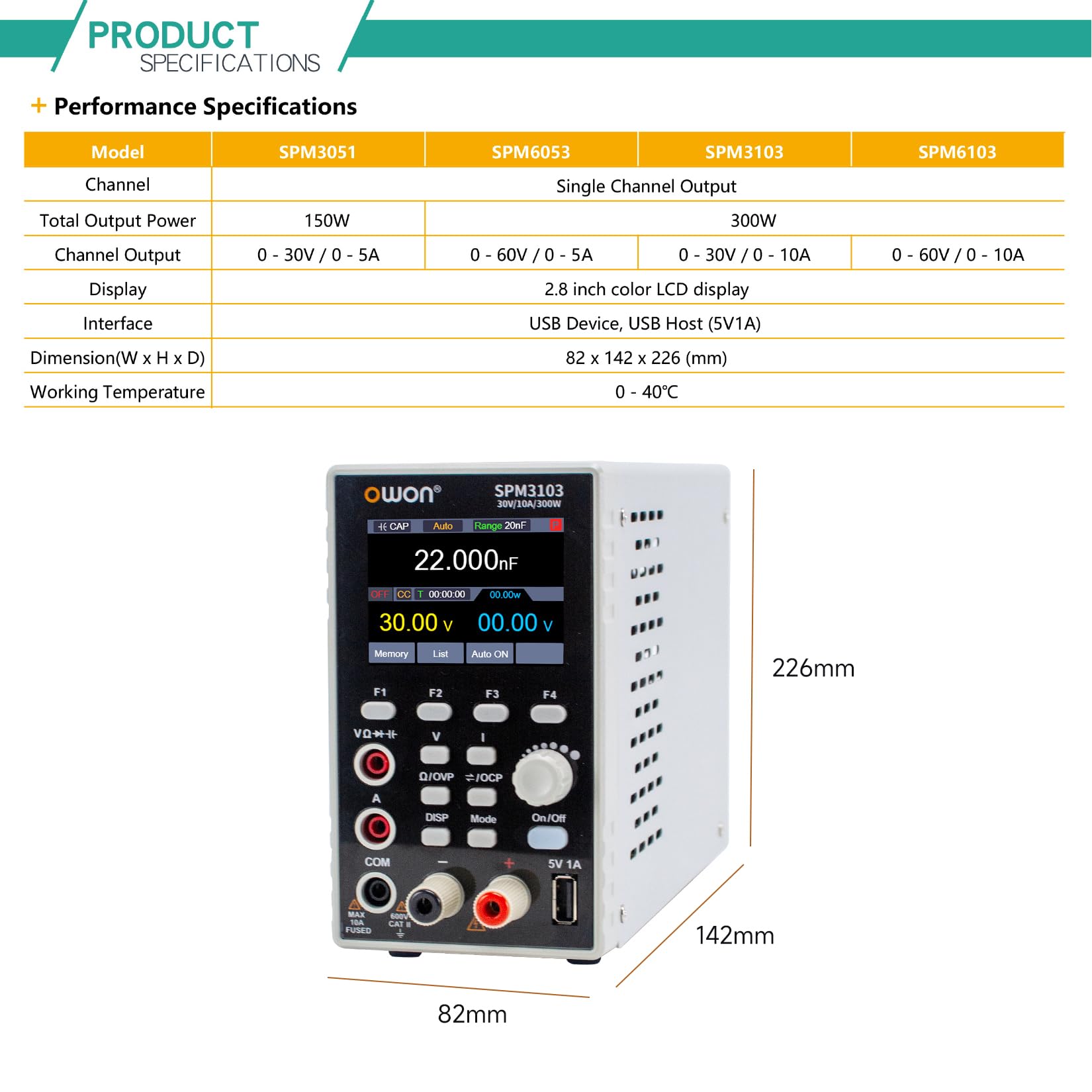 OWON SPM3103 Alimentation Laboratoire 30V 10A 2 en 1 DC Bloc d'alimentation et Multimètre Réglable Alimentation de Laboratoire avec écran LCD de 2,8 Pouces, Multimètre de 4 1/2 Support USB et SCPI
