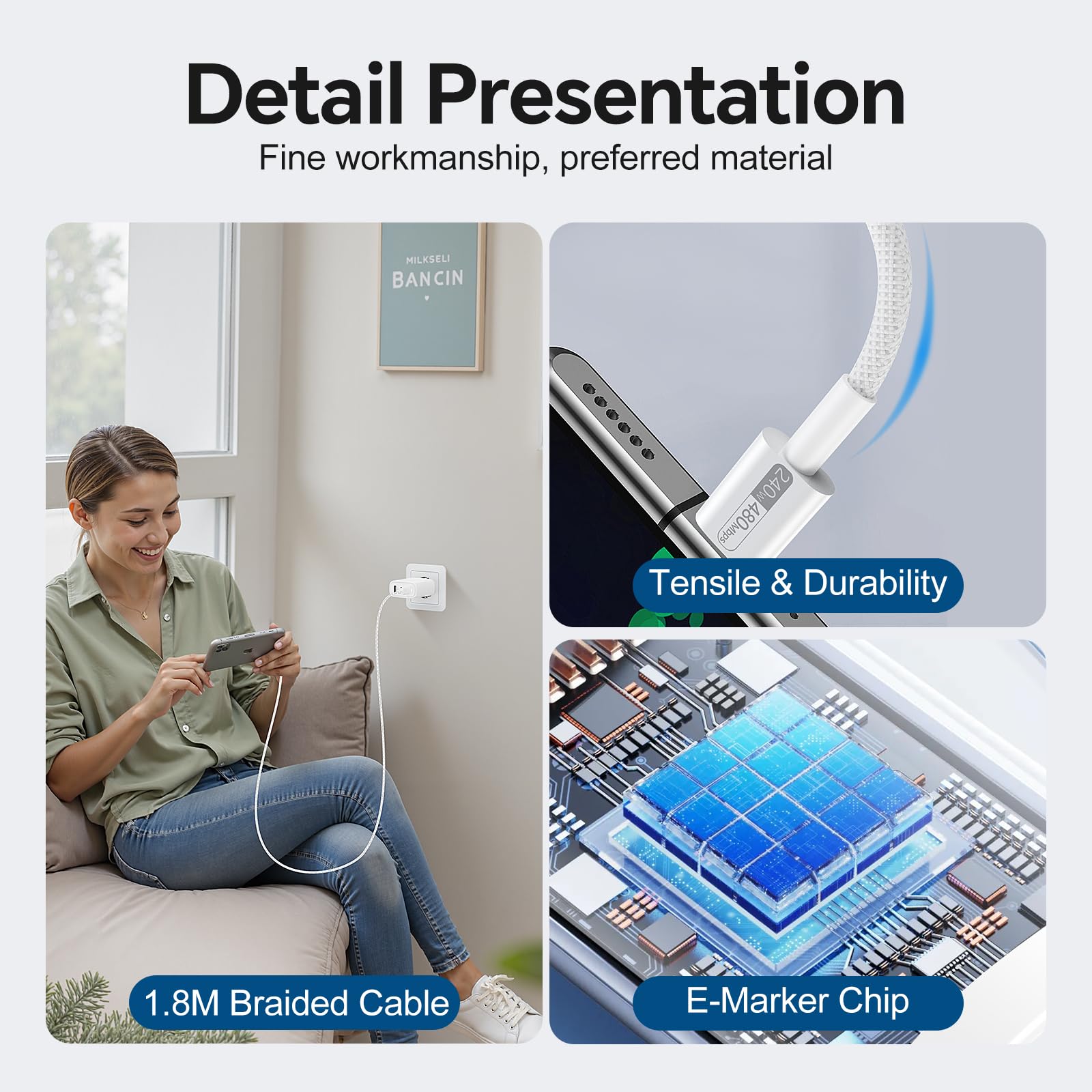 Caricatore USB-C Rapido 65W 3-Porte GaN III, PD3.0 Caricabatterie Veloce con 1.8M 240W Cavo, Caricatore per MacBook Pro/Air, Samsung S24/ S23, iPhone 16/15, iPad Pro/Air, Dell XPS, Pixel 8/9