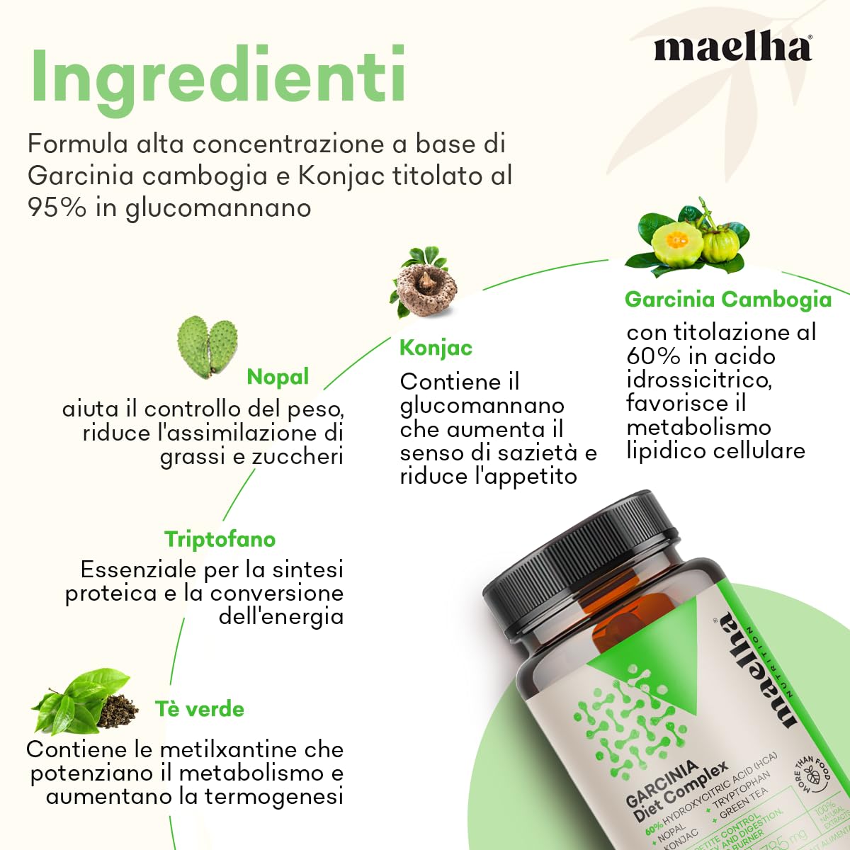 Garcinia Cambogia Extra Forte | Konjac alta titolazione di Glucomannano | Caffe Verde | Te Verde | Nopal | 60 capsule | 60% HCA | 100% Naturale e Vegano