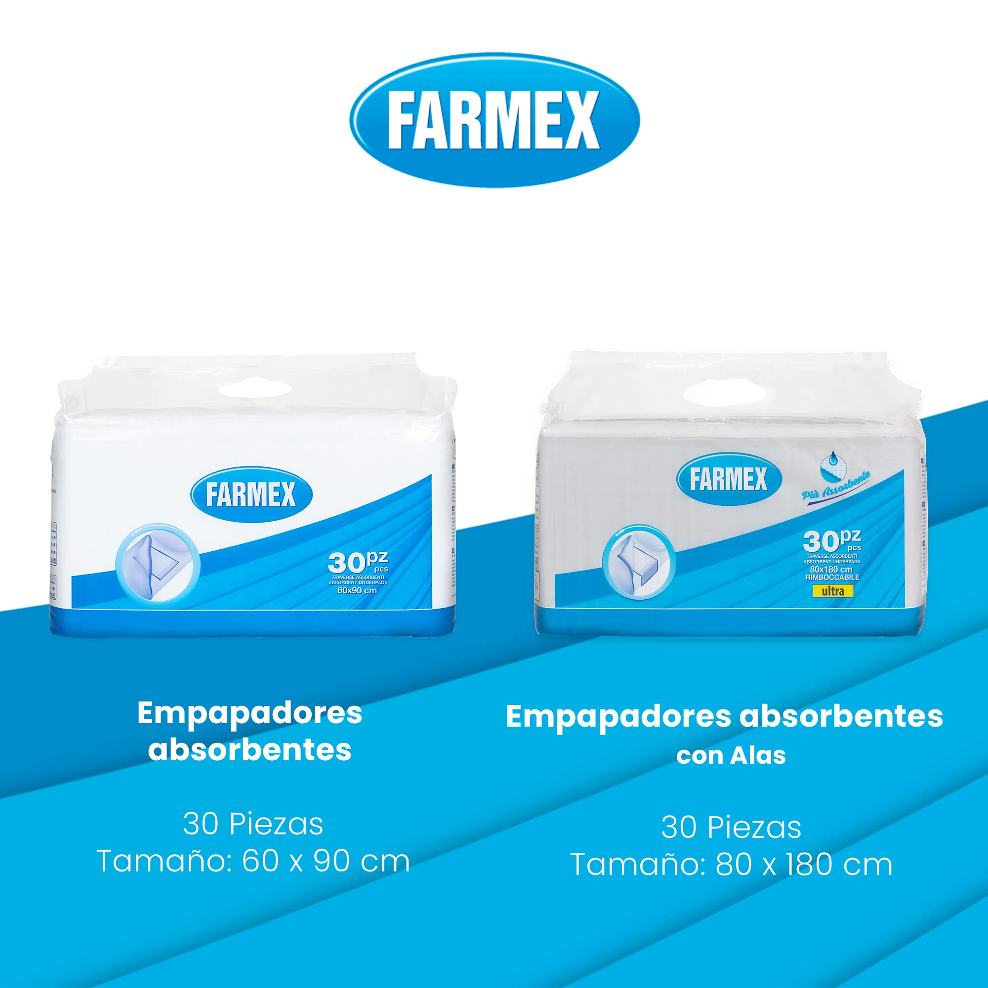 Farmex - Empapadores con Alas para Cama (o para Sábanas y Colchones) Ultra Absorbentes, Transpirables y Delicados con la Piel - Tamaño 80 x 180 cm - 30 piezas