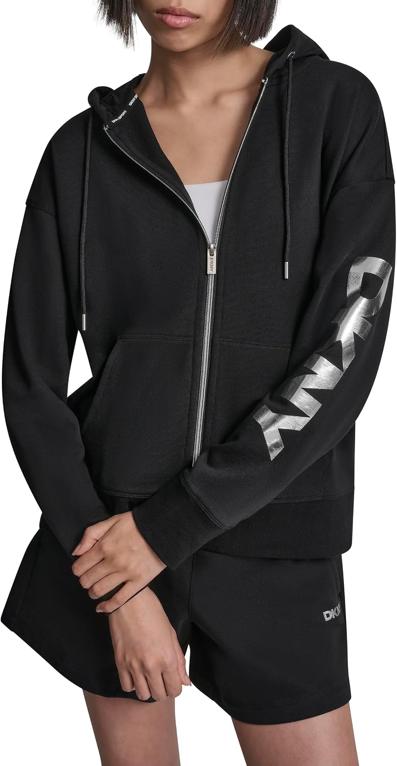 DKNY Women's Foil Logo Full Zip Hoodie With Pockets