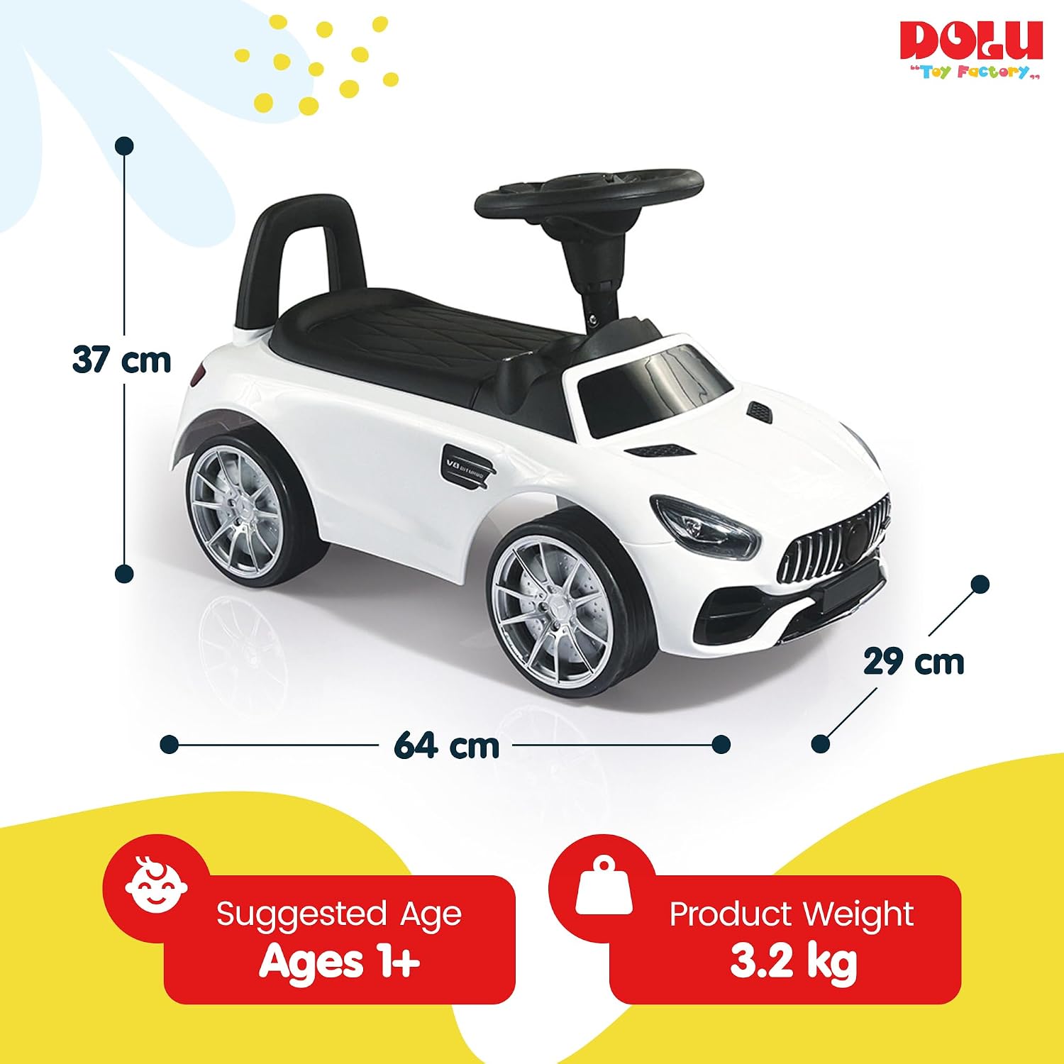 DOLU Ride-On Car for Toddlers, Foot-Powered Push Toy Vehicle with Horn & Under Seat Storage - Developmental Sit & Push Ride for 12 Months & Up, White