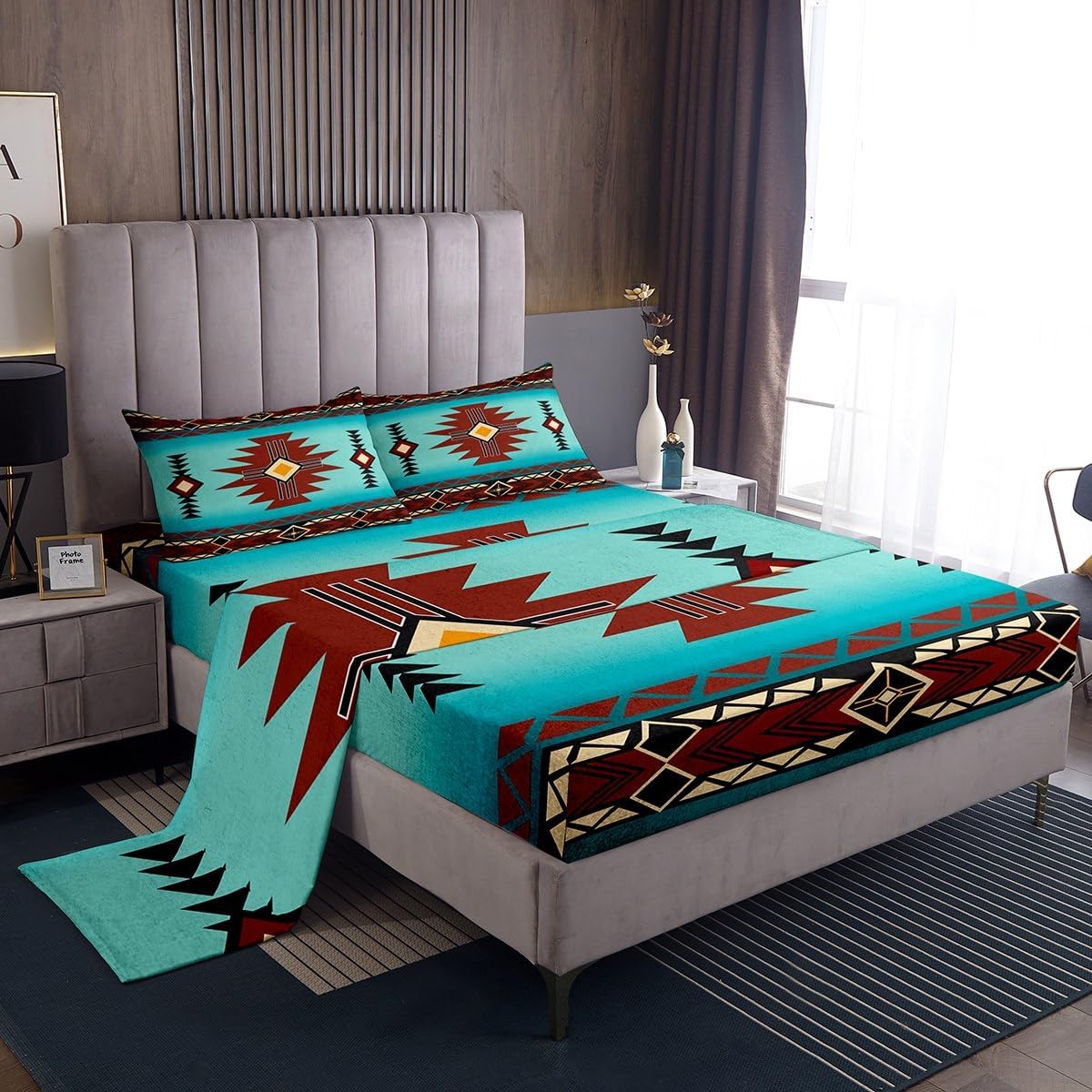 Southwest Bed Sheet Queen Size,Geometric Aztec Tribal Striped Print Fitted Sheet Rustic Western Bedding Set for Kids Girls Woman Men Room Decor,Adult Retro Turquoise Red Top Flat Sheet 4Pcs