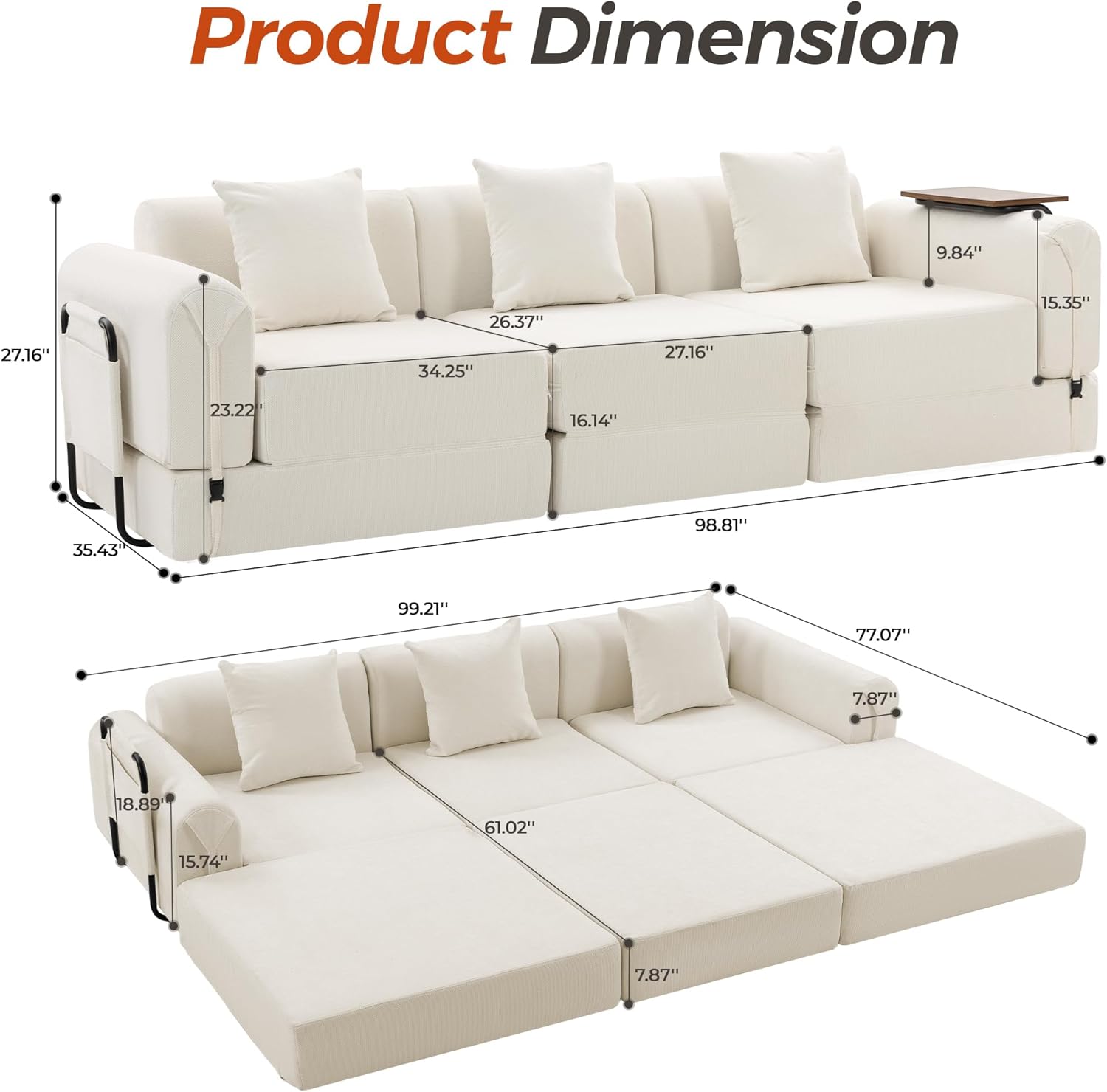 99.2" Modular Sectional Sofa Bed, Convertible Futon Sleeper Couch with Movable Side Table, Tool-Free Assembly Floor Sofa with Metal Support Frame, Chenille Deep Seat for Living Room Beige