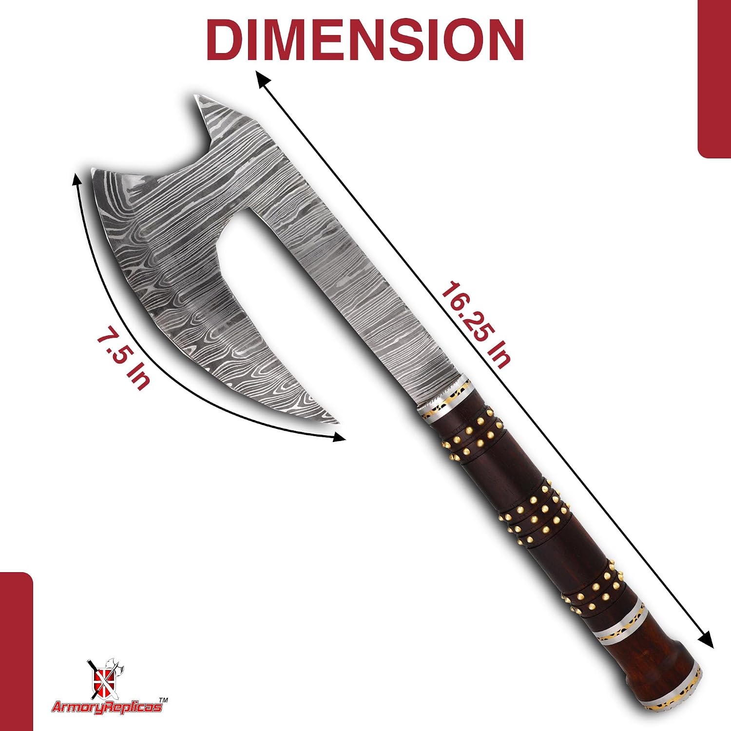 Armory Replicas™ Far Sight Full Tang Damascus Steel Bearded Axe, Sheesham Wood Handle, Brass Rivets, Genuine Leather Sheath