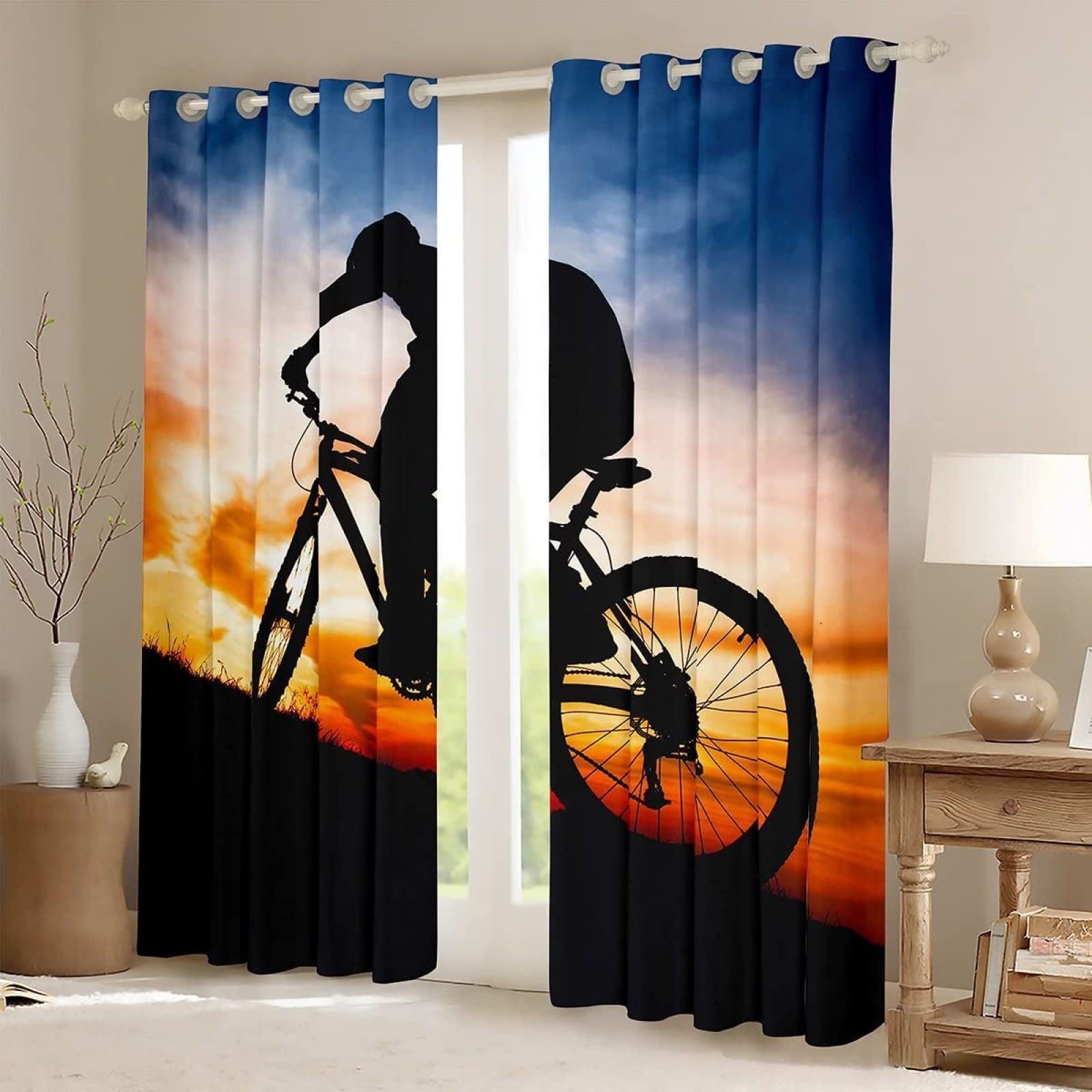 Lot de 2 Rideau Vélo Rideaux Occultants 117x230 cm des Sports Imprimé 3D Vélo Rideaux de Fenetre Isolant Thermique Décoration Rideaux pour Chambre Salon