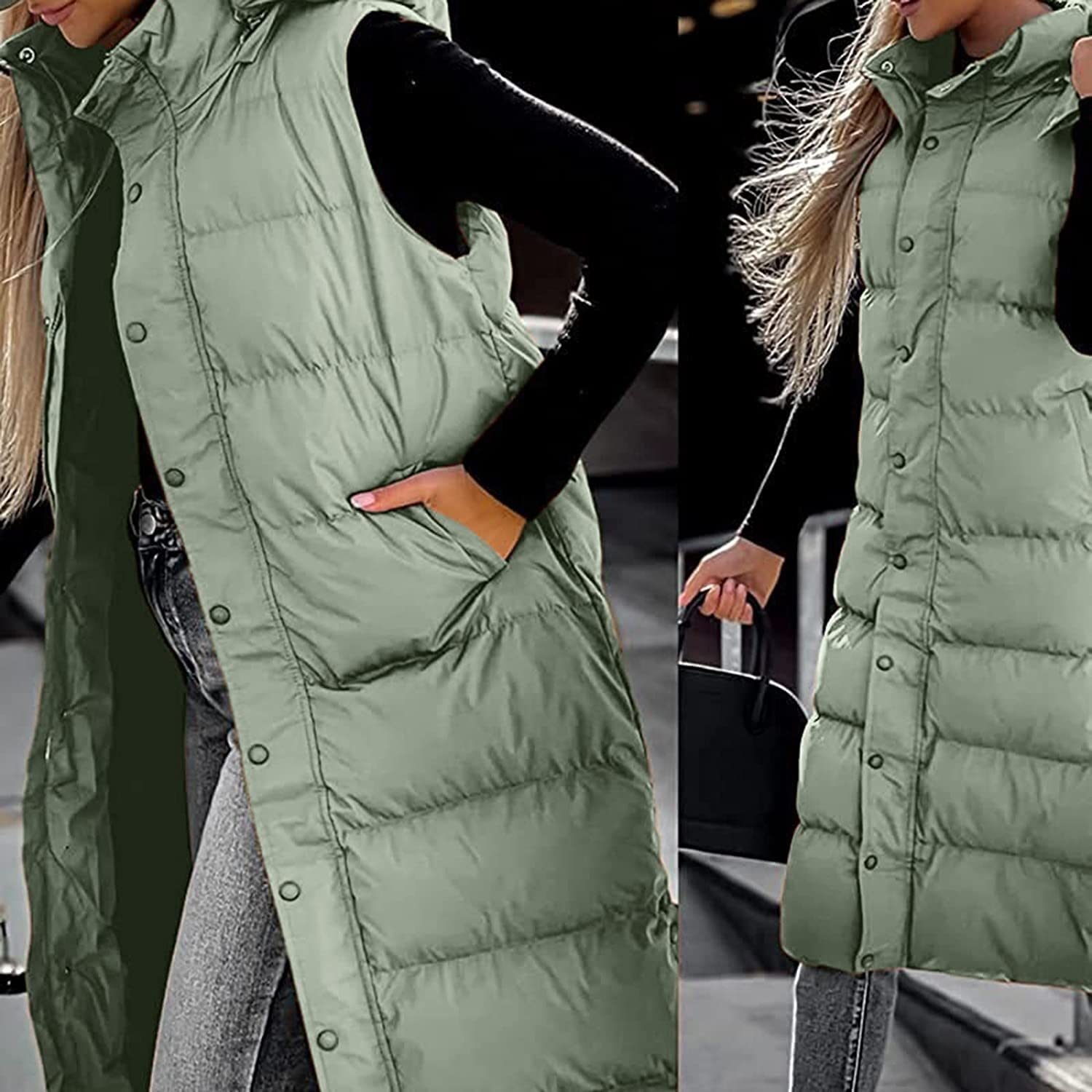 Ciepła Kamizelka Outdoorowa Damska Kamizelka Ocieplana Bez Rękawów, Pikowana, Z Długim Kapturem I Możliwością Spakowania Bodywarmer