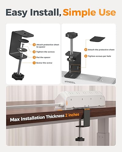 Miniatura 2 de TESSAN - Regleta de alimentación con abrazadera de escritorio de 6 pies, cable de extensión plano con múltiples tomas, 10 salidas con 4 USB (2 USB