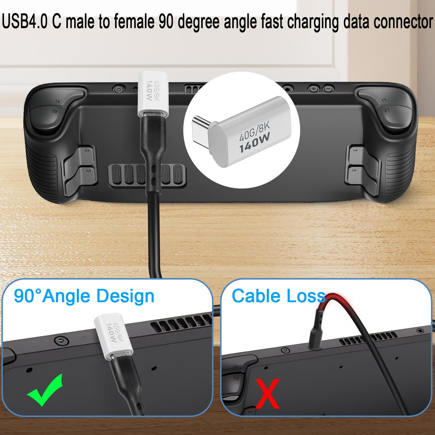 QIANRENON USB4.0 C 90° Winkeladapter 2 Stück – 140W PD, 40Gbps, Alu-Gehäuse, Für IPhone 15, MacBook, Steam Deck