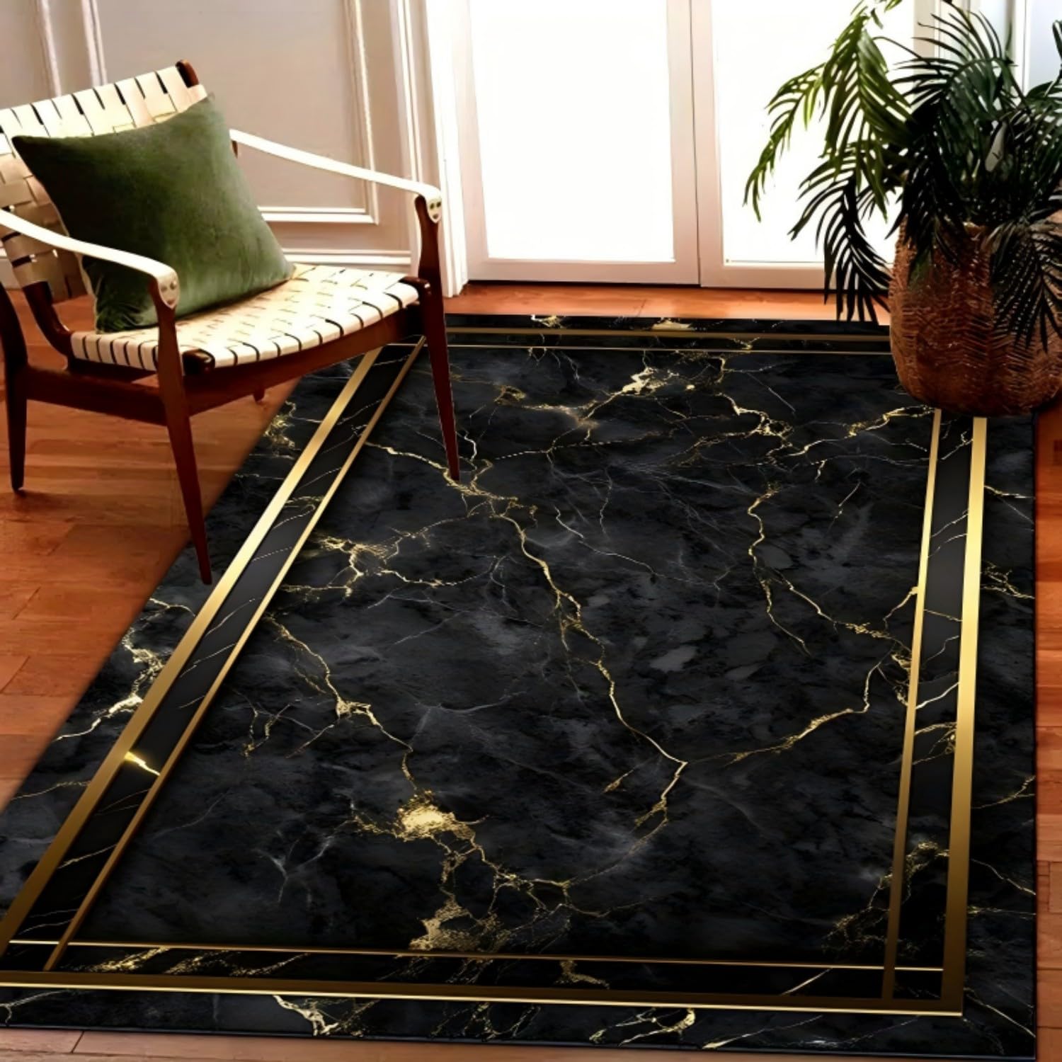 USHIRUG Black and Gold Marble Area Rug, 120x180cm Modern Abstract Fluid Art Non-Slip Floor Carpet for Living Room, Luxury Gold Foil Geometric Border Washable Rug for Lounge Bedroom Office Decor