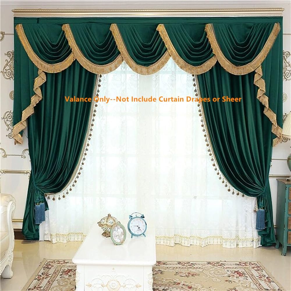 Gxi Emerald Green Velvet Waterfall Curtain Valance for Living Room Rod Pocket Luxury Tassel Scalloped Curtain Swag to Match Thermal Insulation Curtains Drapes,1 Panel 39 inch Width