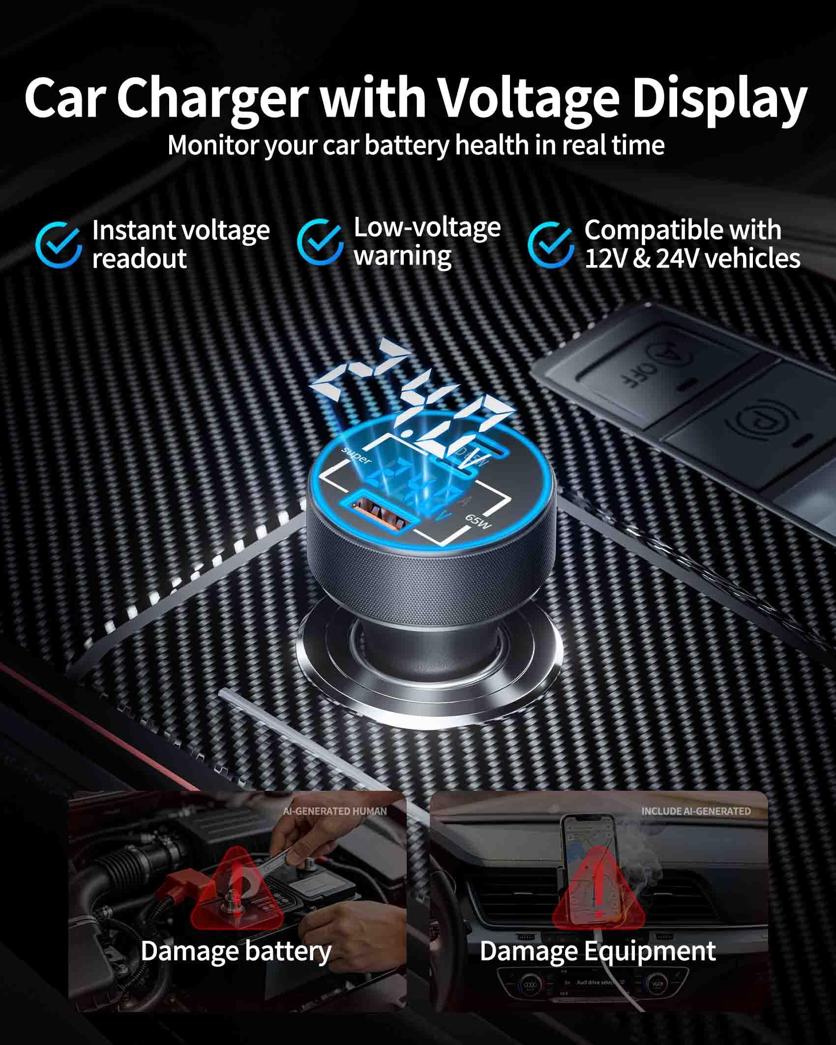 Caricabatteria da auto USB C a 3 porte 130 W tipo C ricarica ultra veloce caricabatteria da auto accessori con display di tensione accendisigari per iPhone 17/16/15/14/13/12, iPad, Galaxy S25/S24/S23
