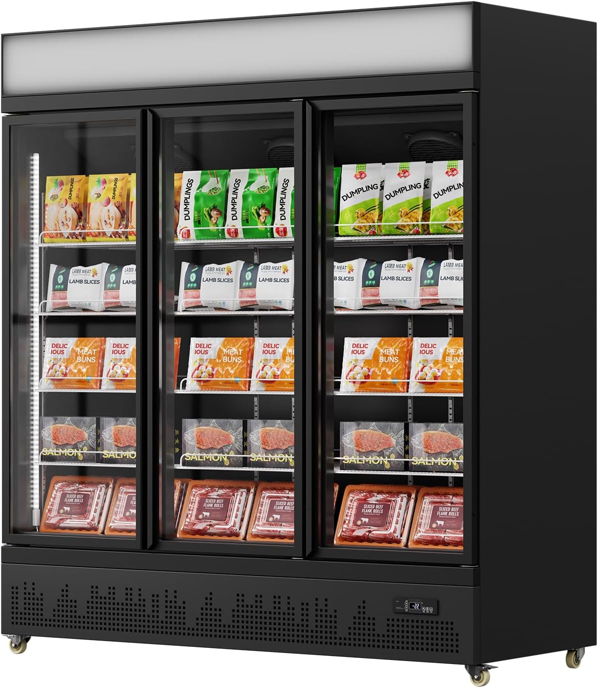 Malphi Commercial Refrigerator with Lighting Box 400Litre Upright Freezer -22℃ to -18℃ Self-Closing Door Display Fridge H1980xD750xW750mm Adjustable Shelves for Ice Cream Meat (Black, Three Doors)