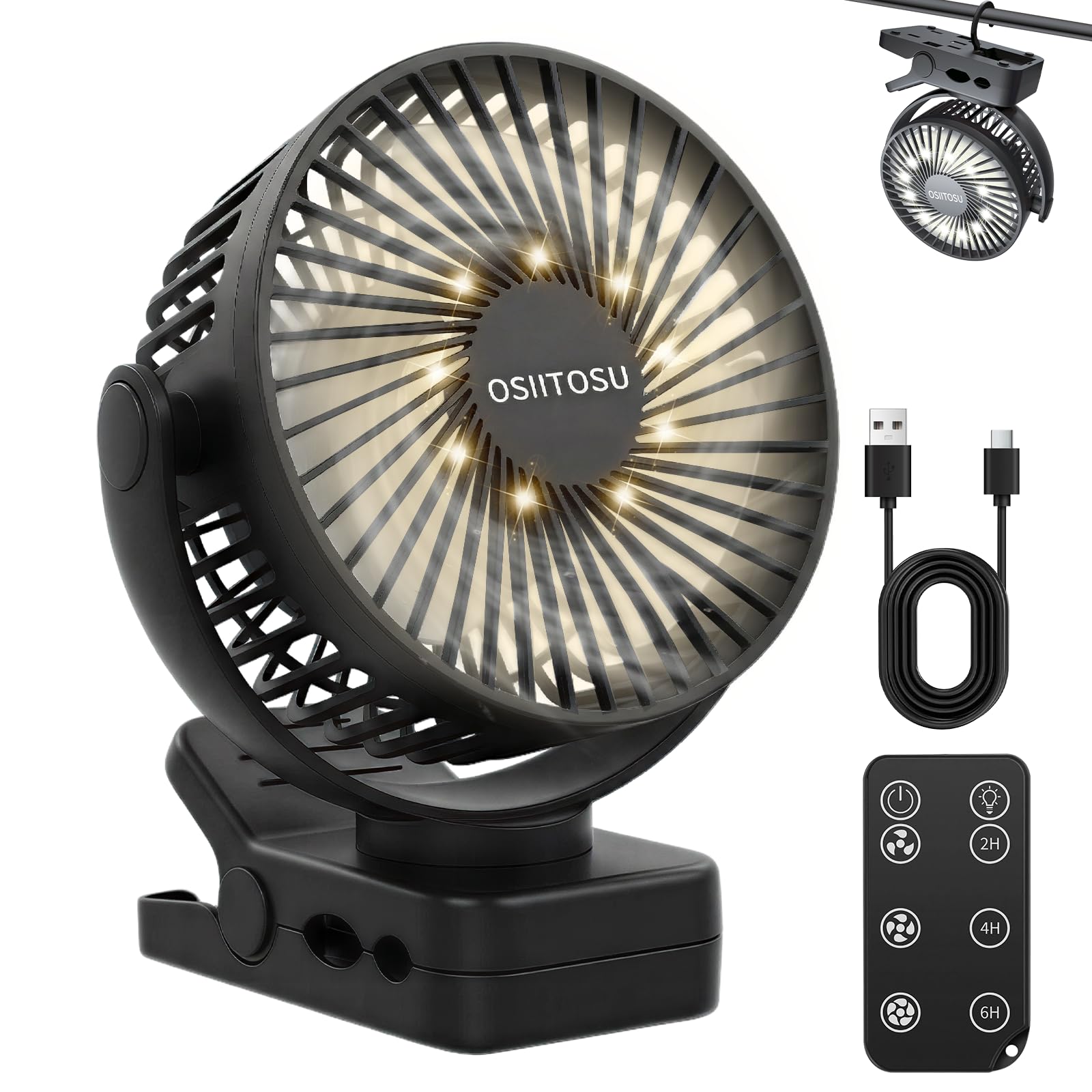 12000mAh Mini Ventilateur à Pince, 6'' Ventilateur Rechargeable USB Ventilateur Portable Silencieux Rotation 360° Petit Ventilateur de Bureau LED, 3 Vitesses, Télécommande pour Camping Bureau