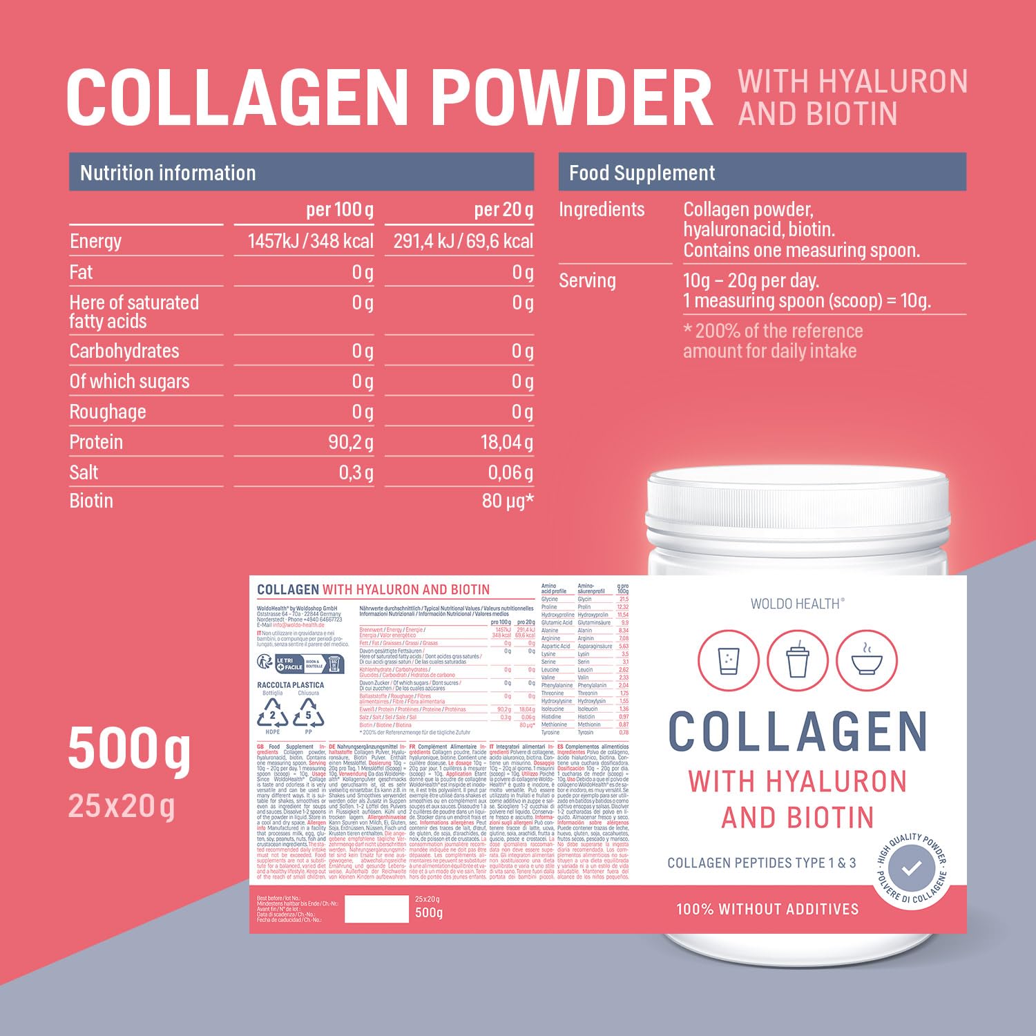 WoldoHealth Collagène & Acide Hyaluronique 500g